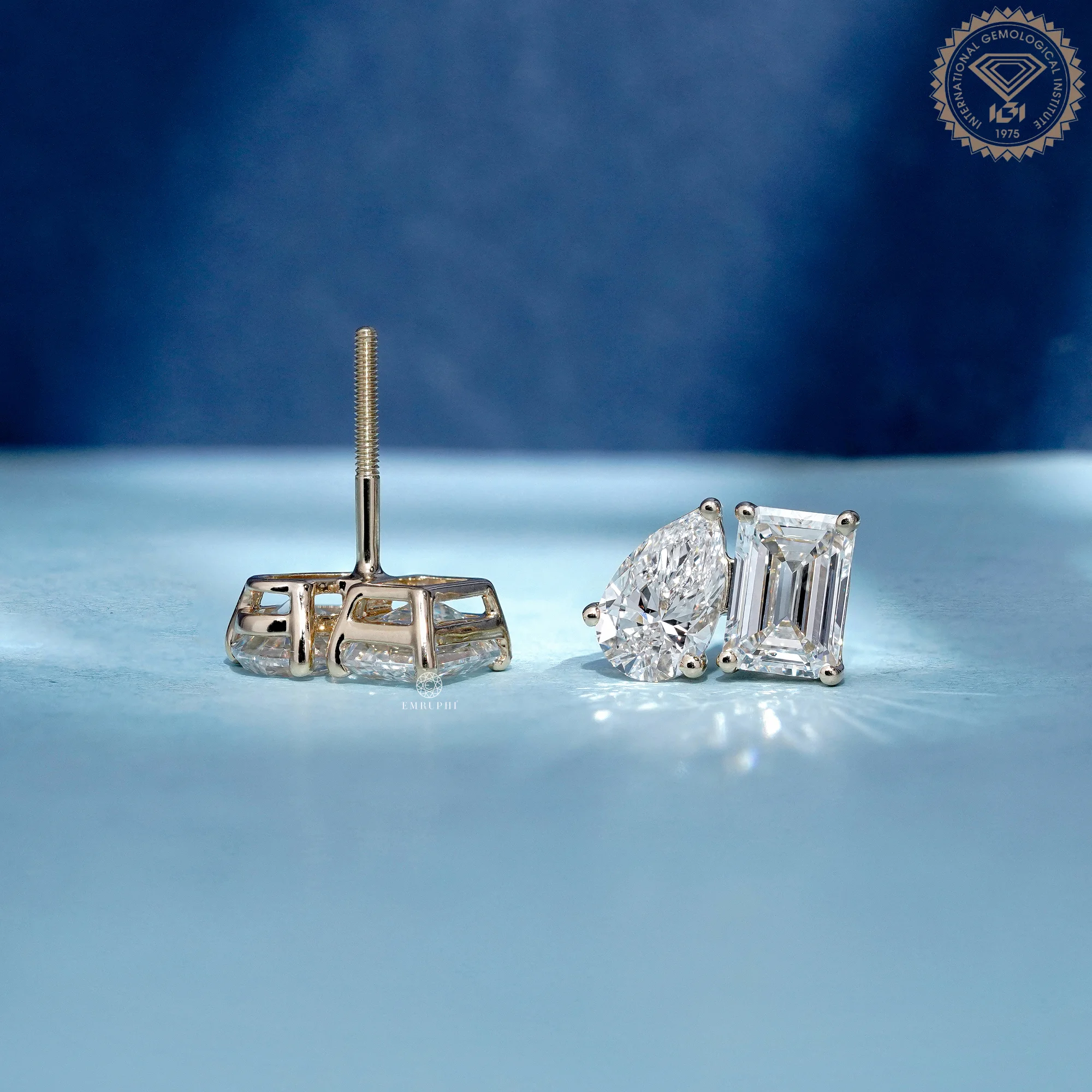 4.00 TCW Emerald & Pear Diamond Earrings, Toi et Moi Studs, 14K Yellow Gold Earrings — view 3