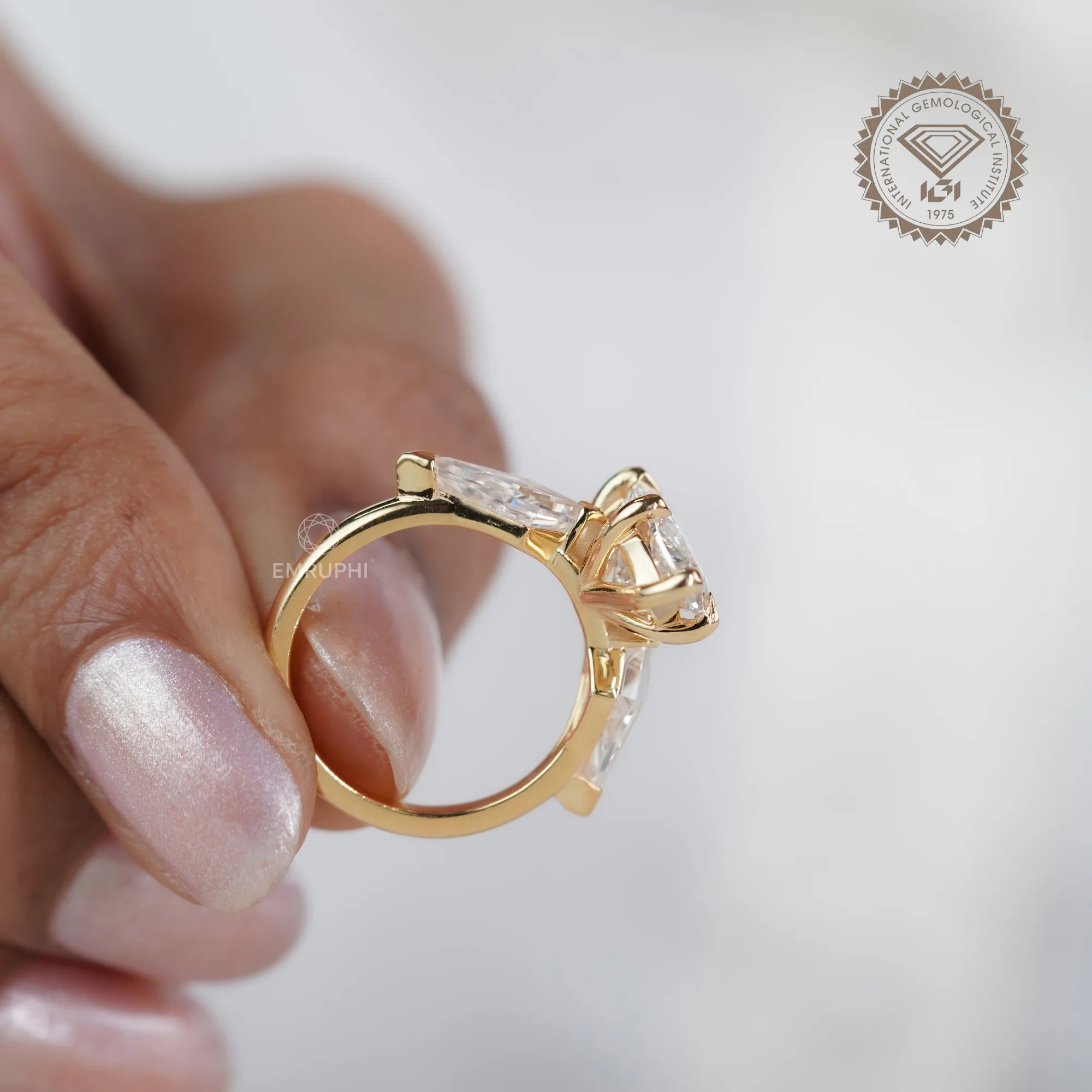 3 CT Marquise Lab Diamond Ring, Kite Side Stones, 14K Gold Wedding Ring — view 7