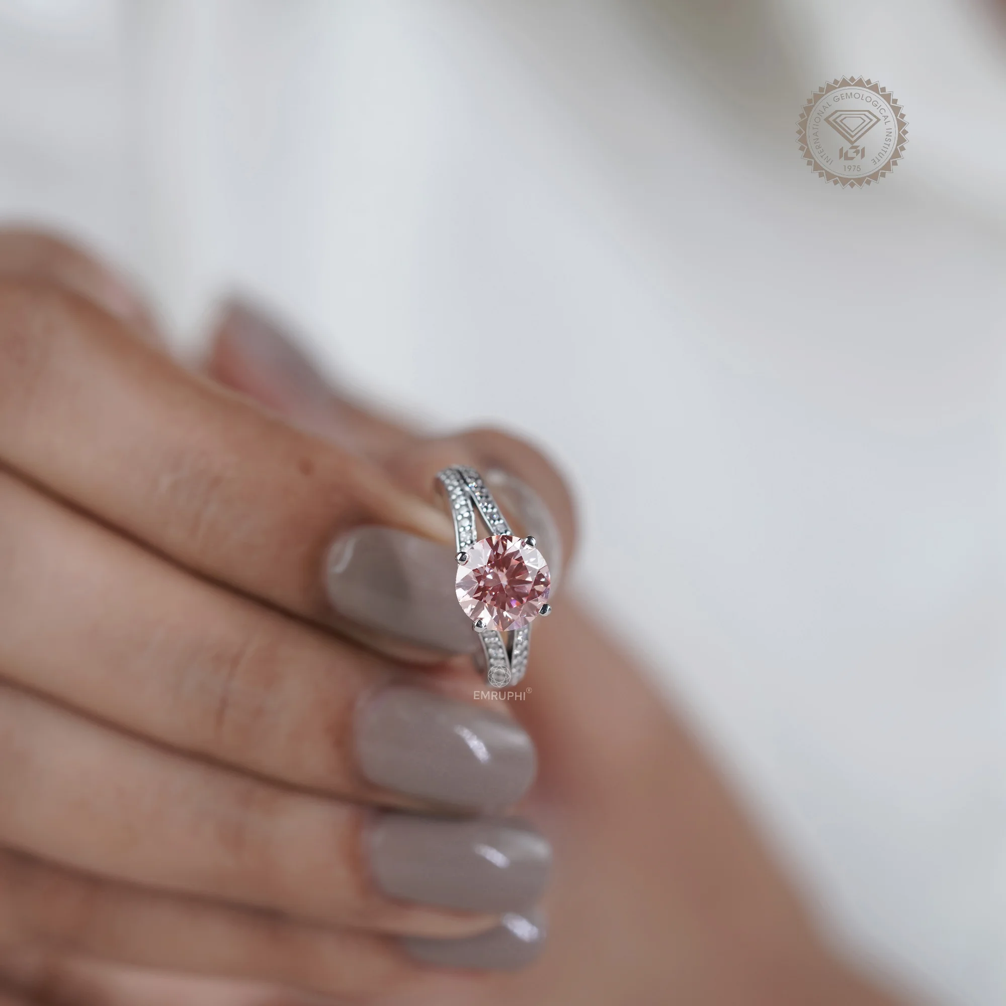 2.00 CT Pink Lab Diamond Engagement Ring, 14K White Gold Split Shank Ring — view 12