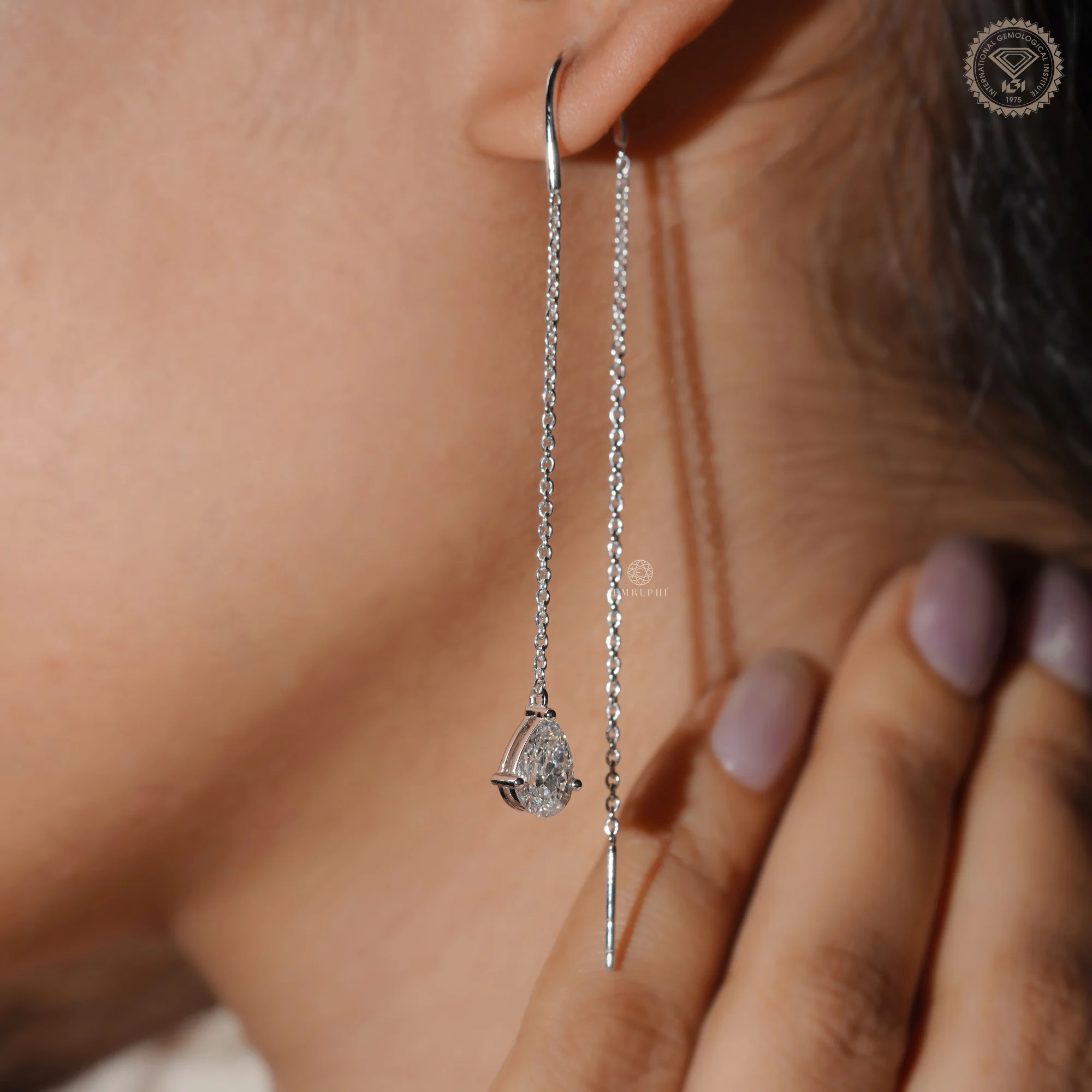 Pear Drop Threader Earrings, White Gold Drop Chain Earrings, Minimalist Long Chain Dangle Earring — view 7