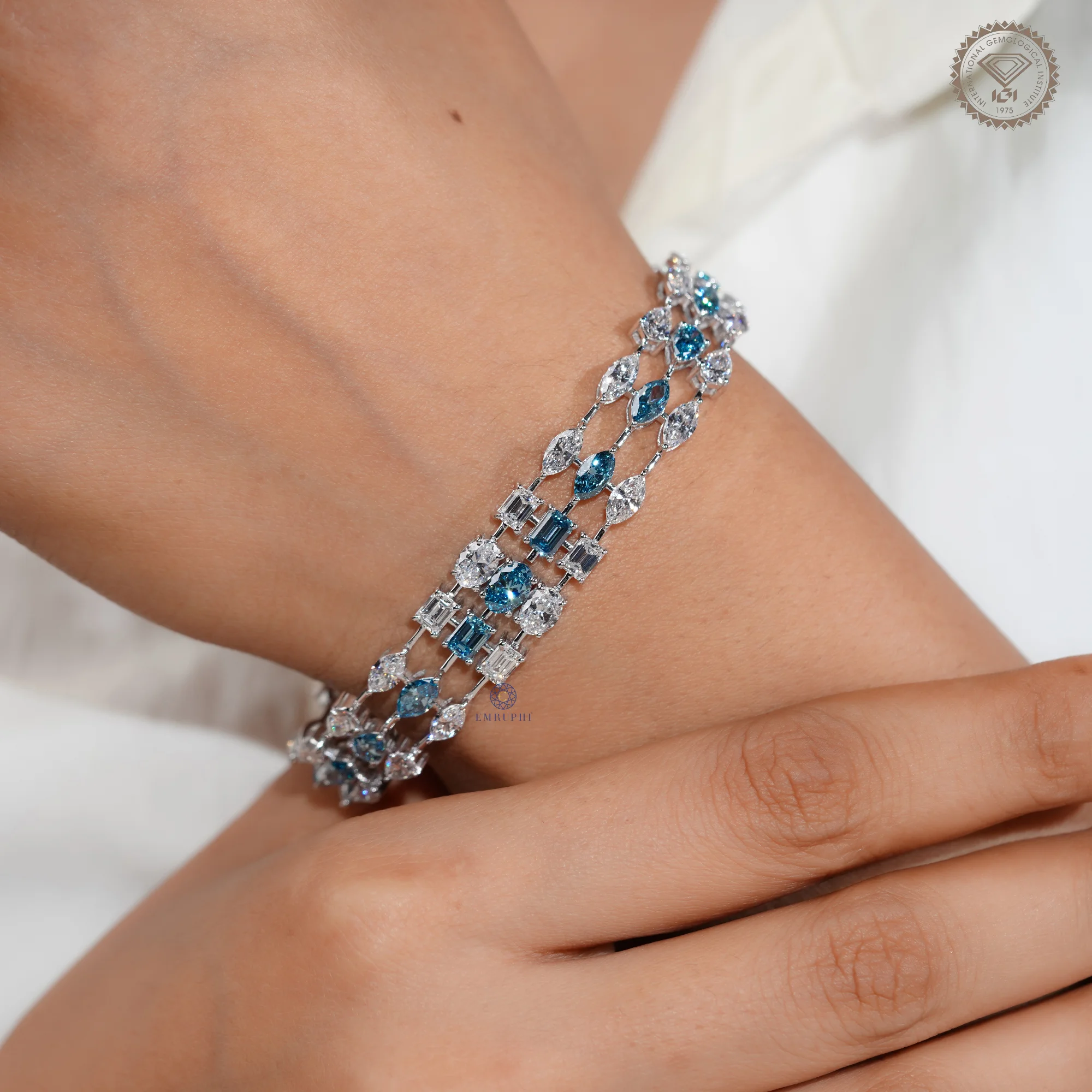 Blue and White Mixed Shape Lab Grown Diamond Bracelet — view 9