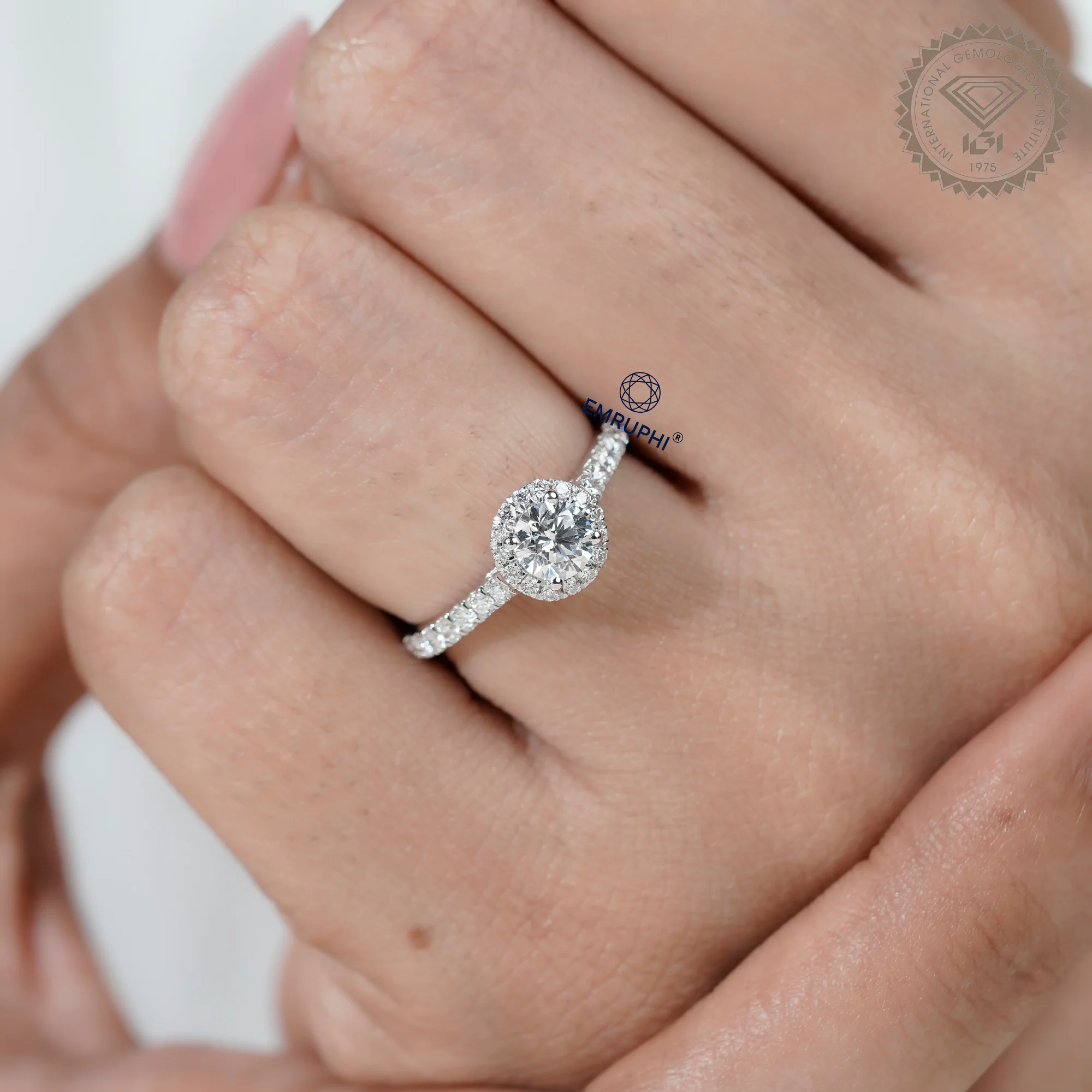 1.00 CT Round Halo Diamond Engagement Ring, Pave Band Halo Ring — view 8