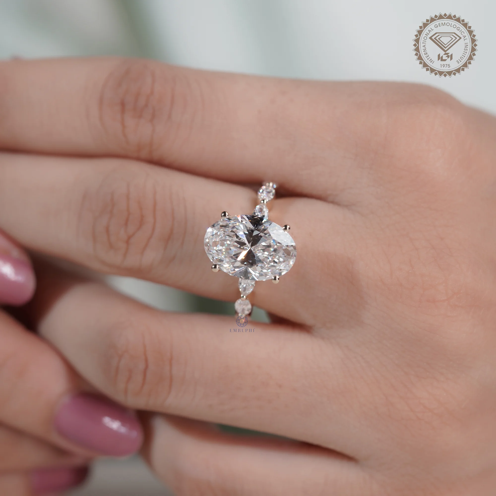 5 CT Oval Lab Grown Diamond Ring, Oval Diamond Engagement Ring, Marquise Side Stone Ring — view 7