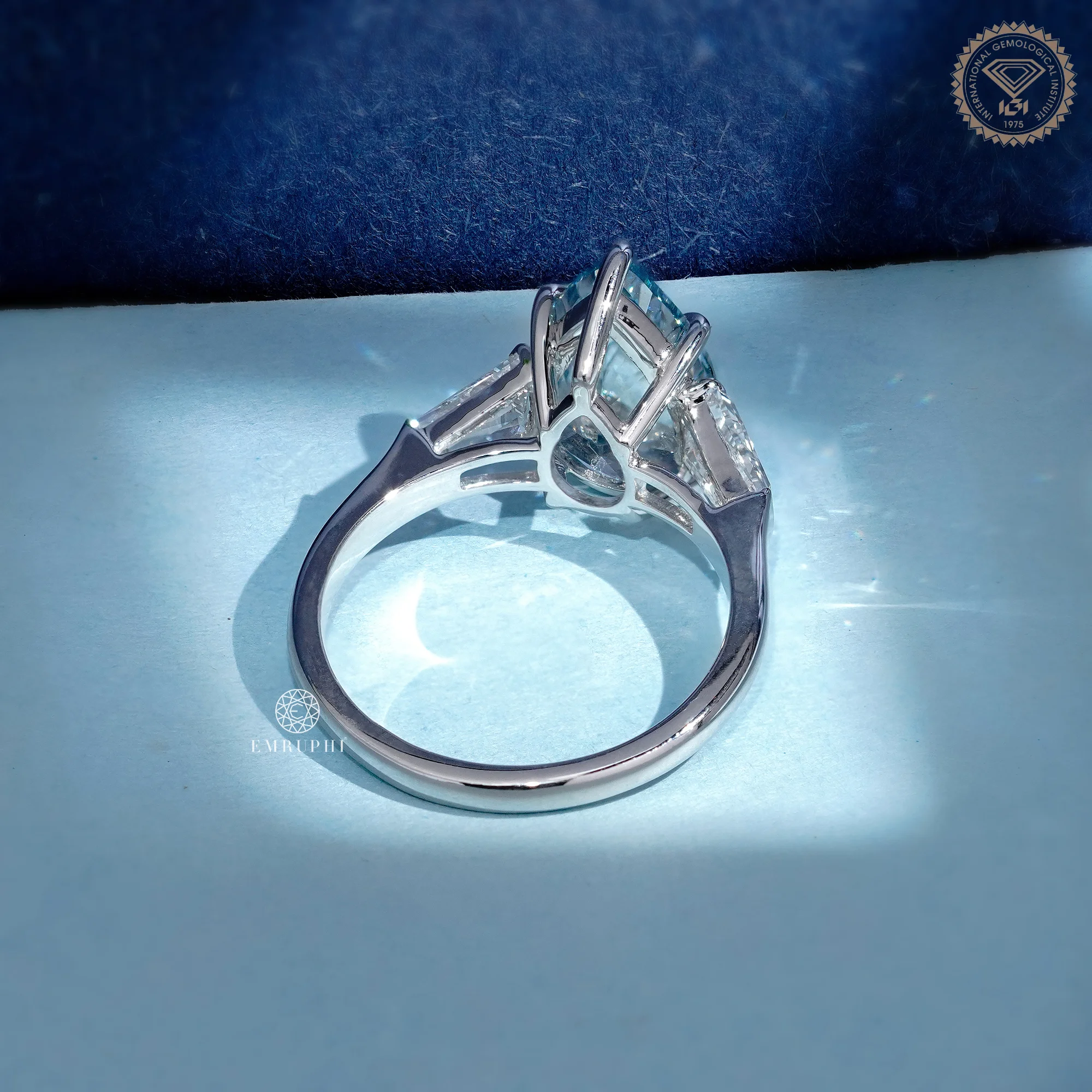 5 CT Vivid Blue Pear Lab Grown Diamond Engagement Ring, Tapered Baguette Side Stones — view 4