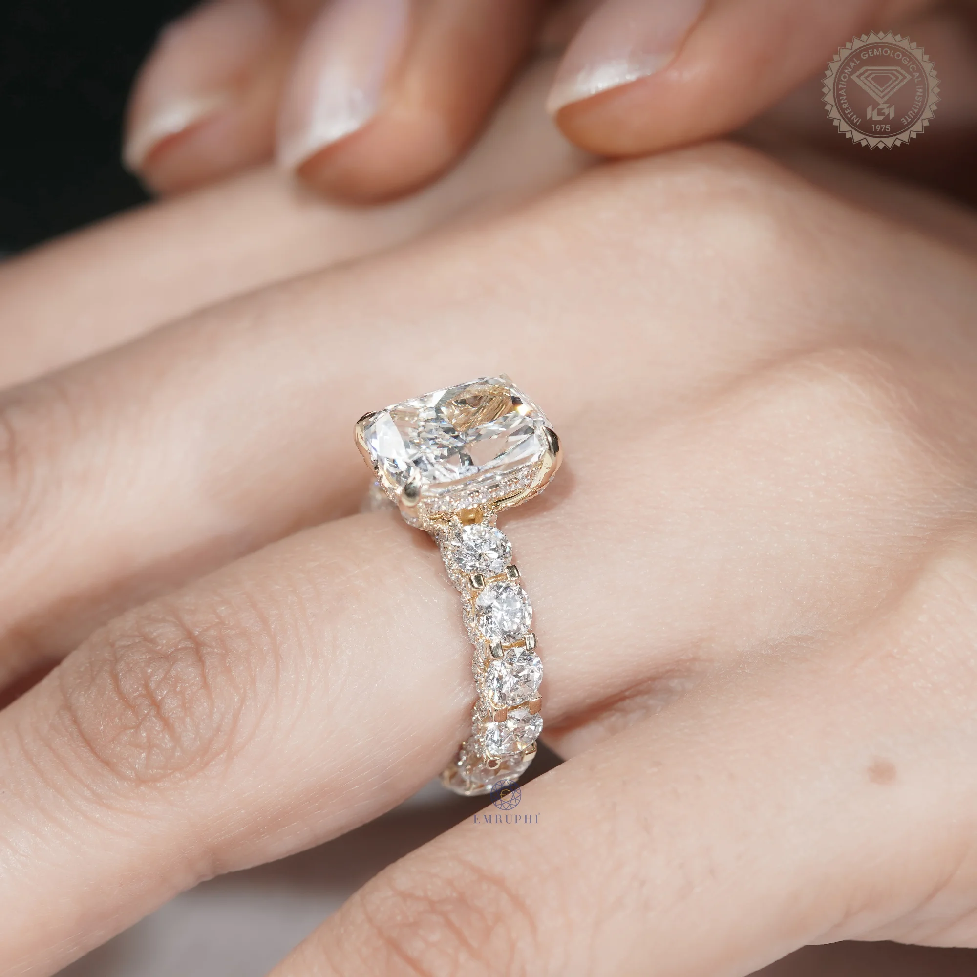 5 CT Cushion Cut Lab Grown Diamond Engagement Ring, Round Diamond Band Ring, 14K Gold Bridal Ring — view 13