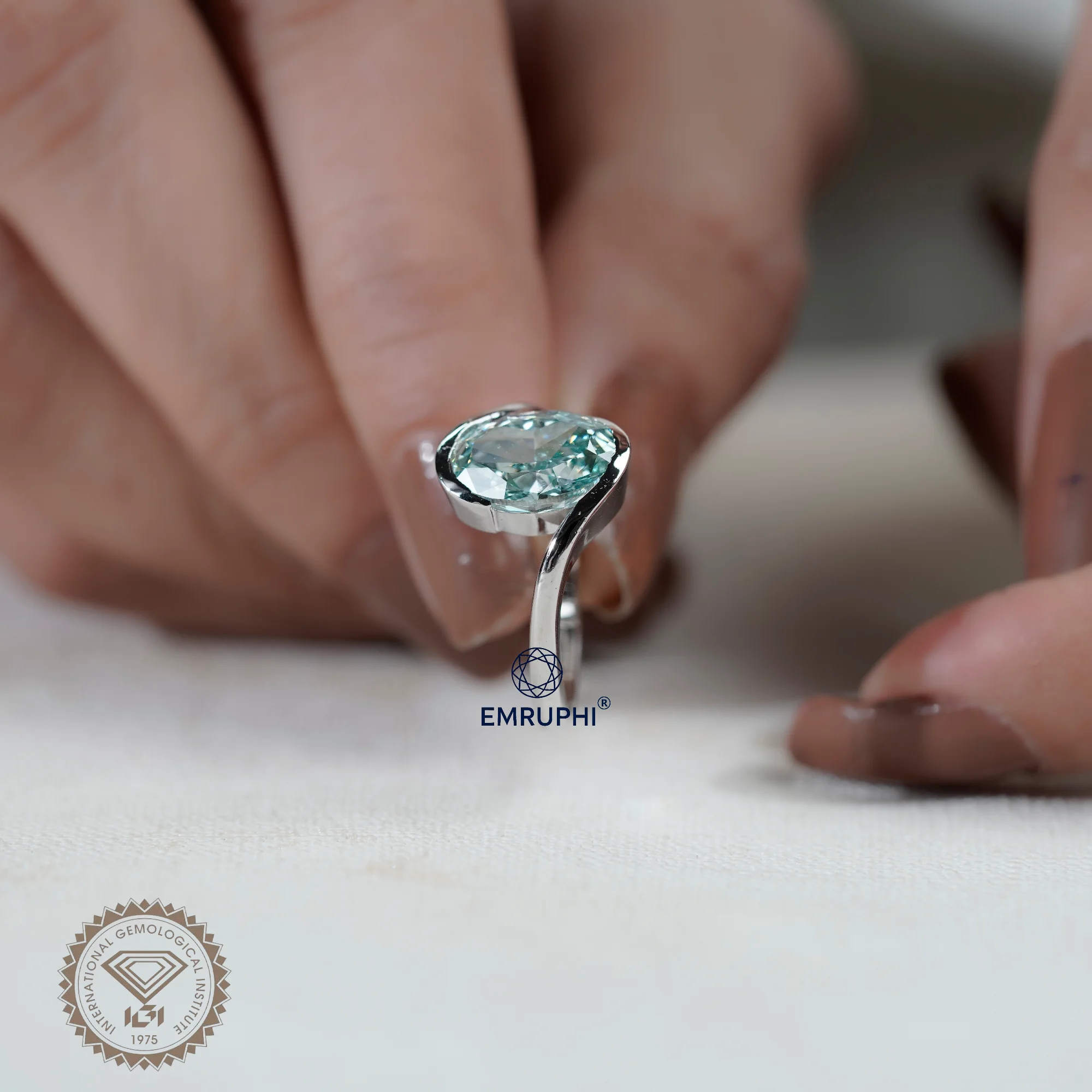 Oval Cut Lab Grown Diamond Ring, 14k White Gold, Antique Greenish Colording Ring — view 6