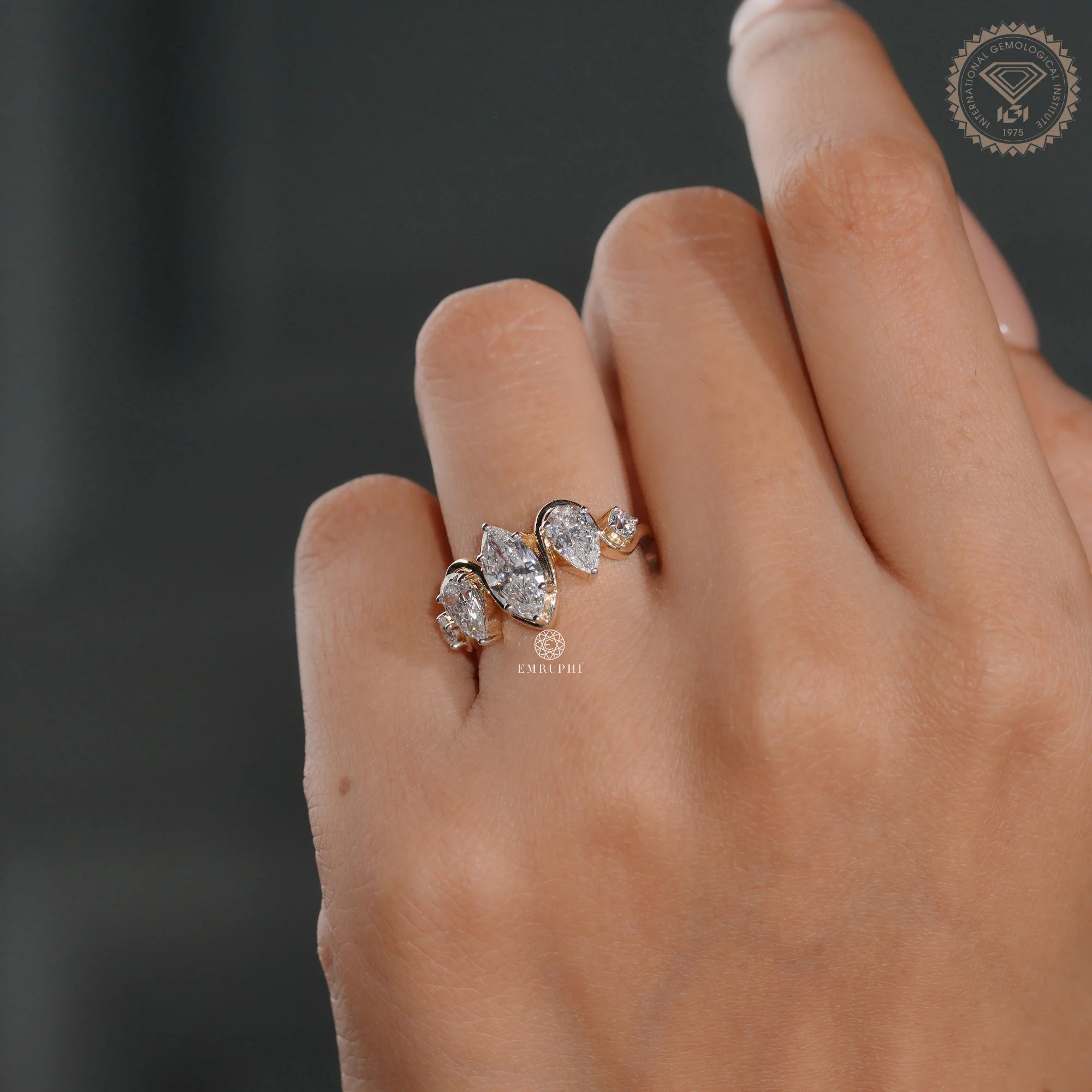 Marquise Pear Diamond Ring, Five Stone Cluster Engagement Ring, Two Tone Gold Wave Band — view 7