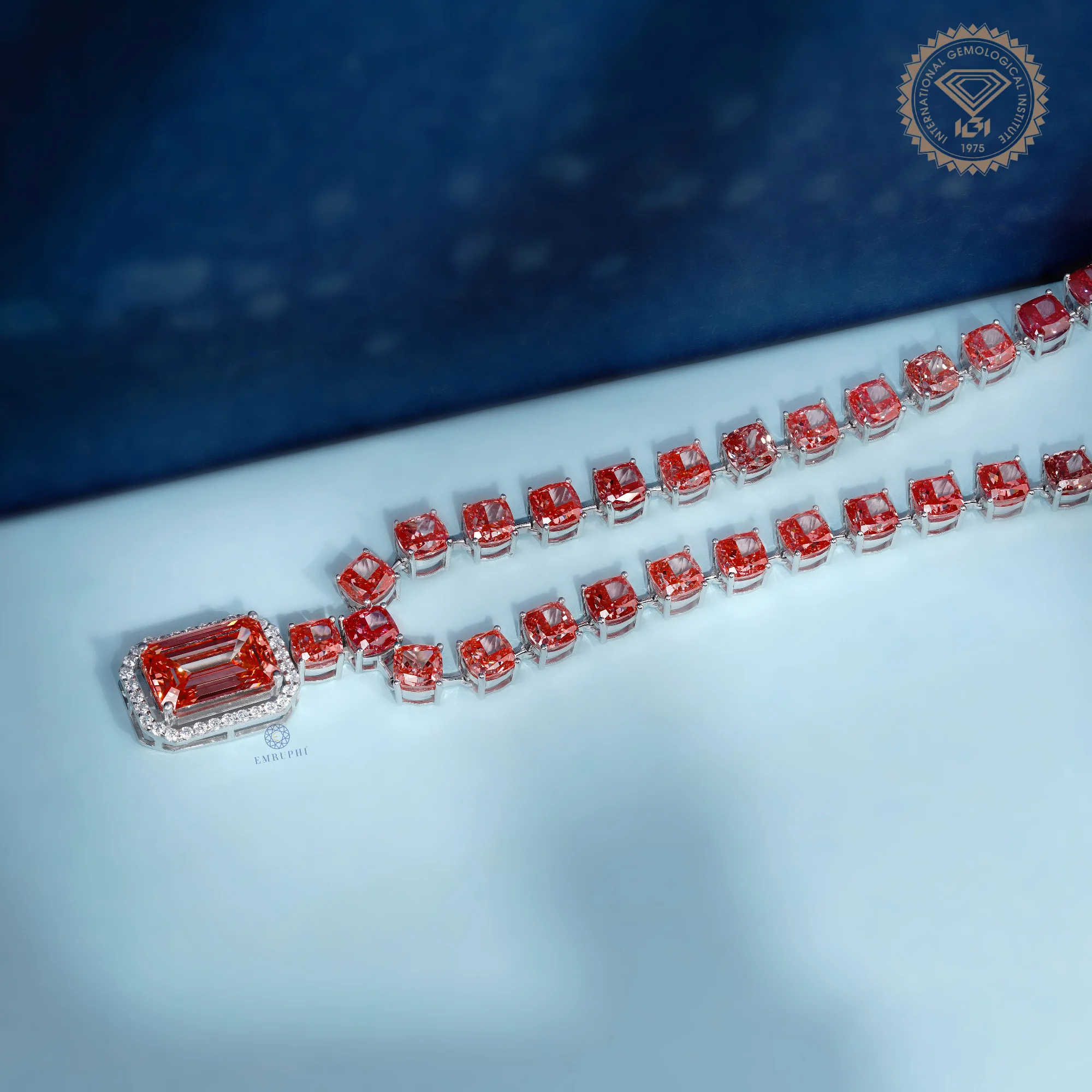 7.25 CT Vivid Pink Emerald Cut Halo Pendant Necklace, Cushion Tennis Necklace — view 2