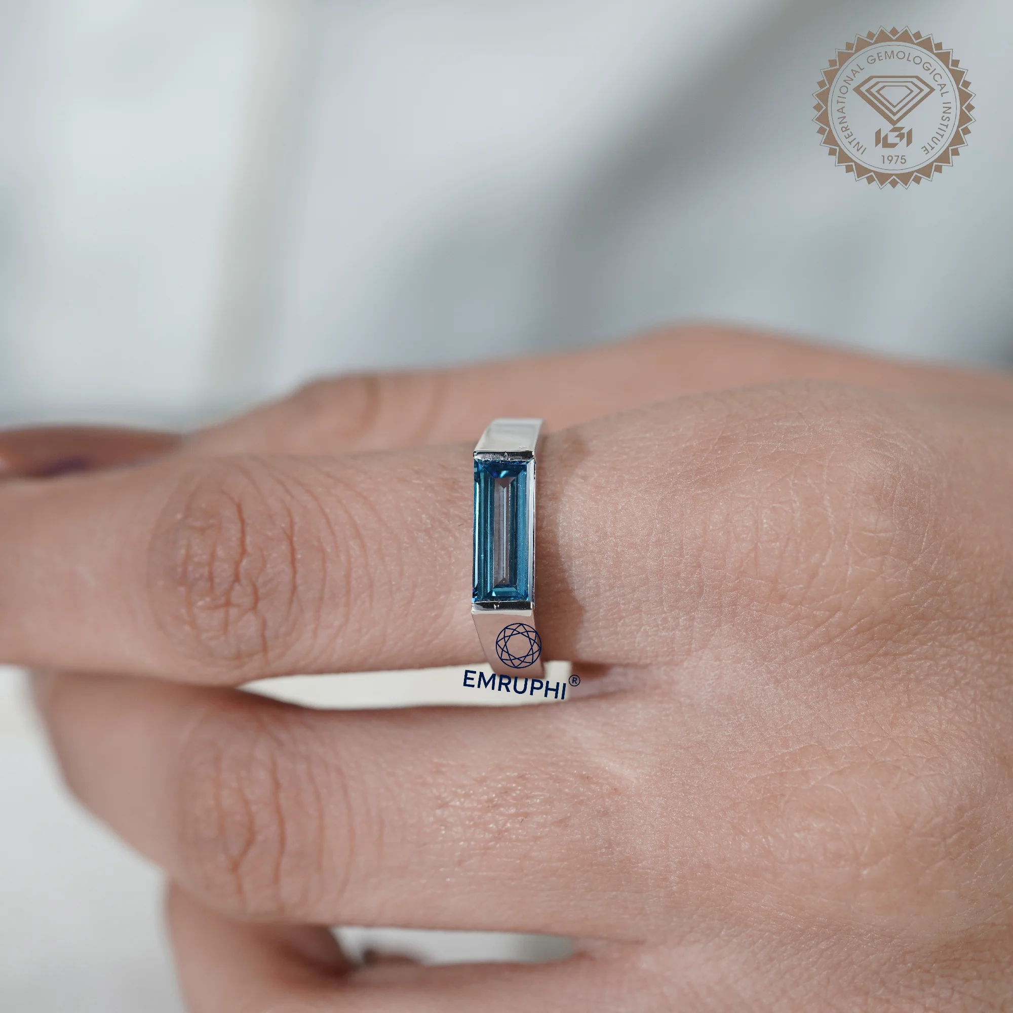 Baguette Cut Vivid Blue Lab Diamond Ring, Baguette Diamond Signet Ring, — view 12
