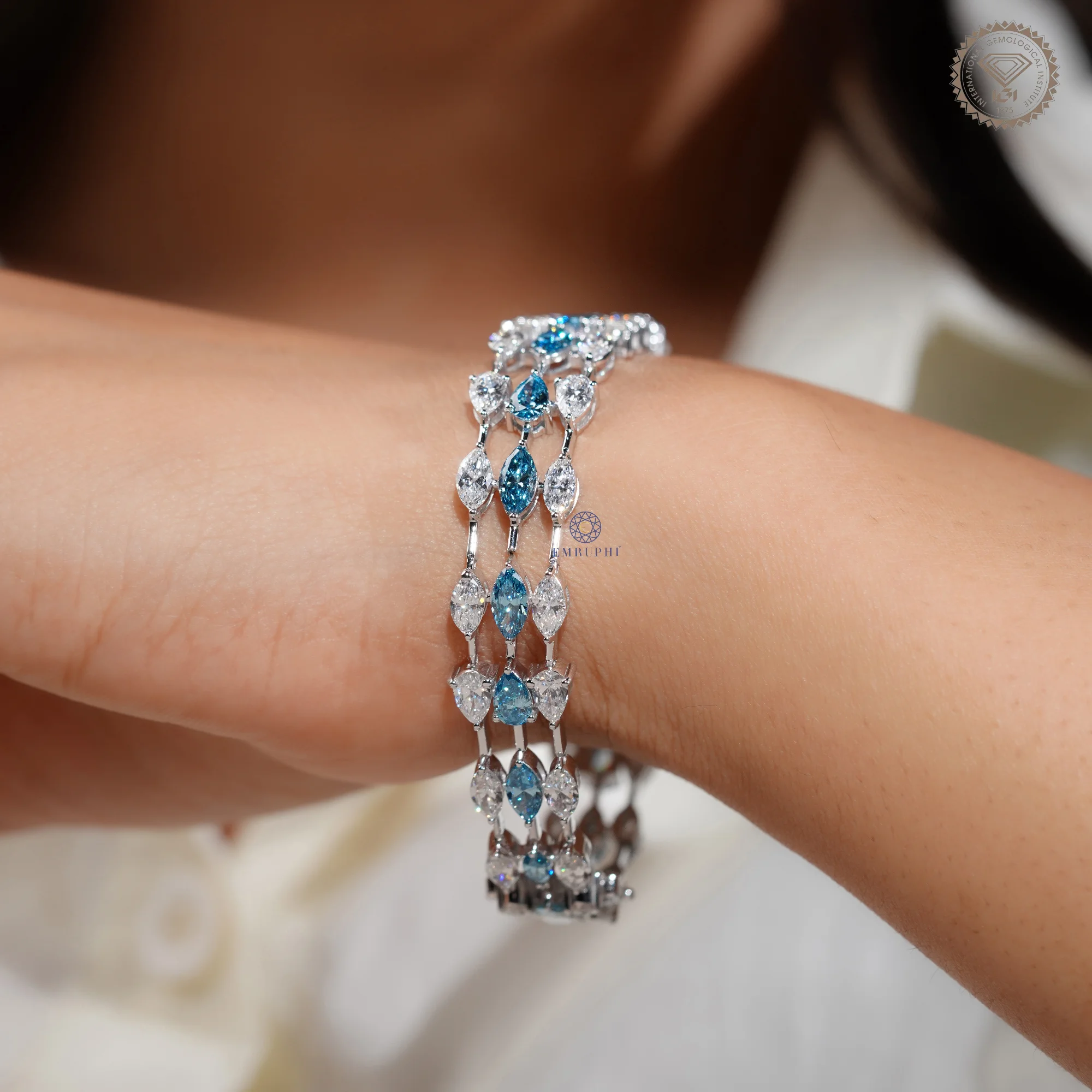 Blue and White Mixed Shape Lab Grown Diamond Bracelet — view 10