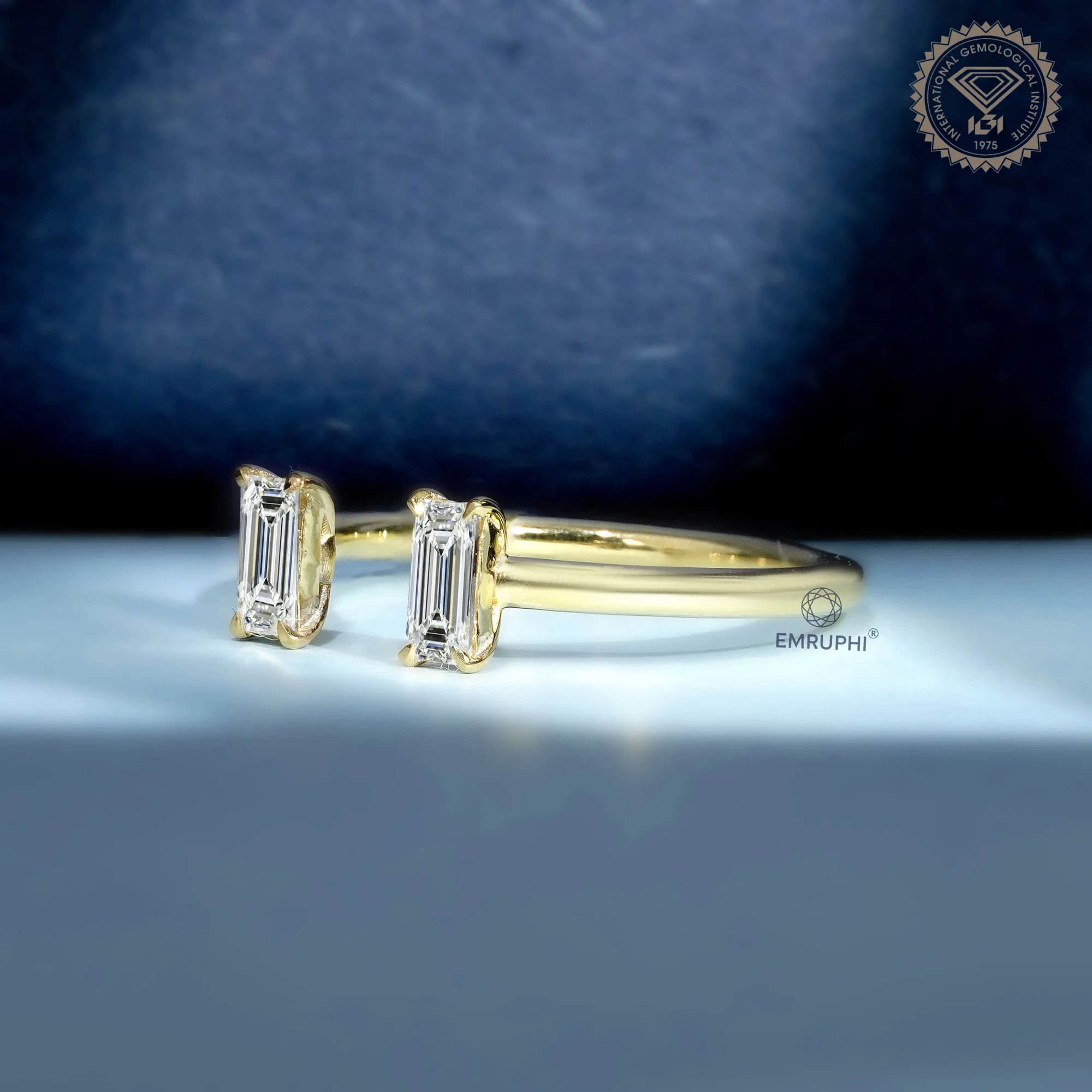 Baguette Lab-Grown Diamond Open Cuff Ring, Solid Gold Wedding Band — view 3
