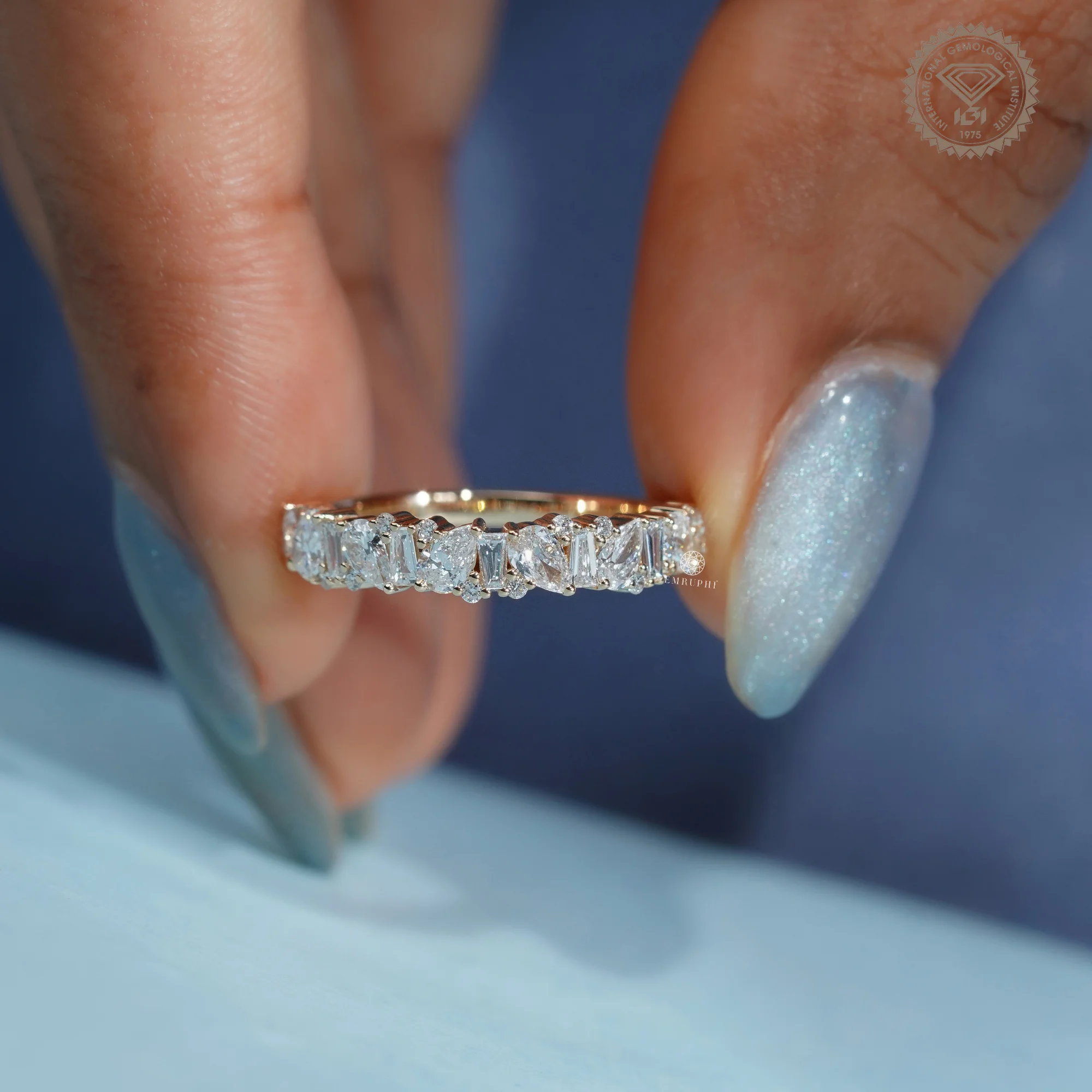 Pear and Baguette Lab Grown Diamond Wedding Band, Mixed Shape Diamond Half Eternity Ring — view 5