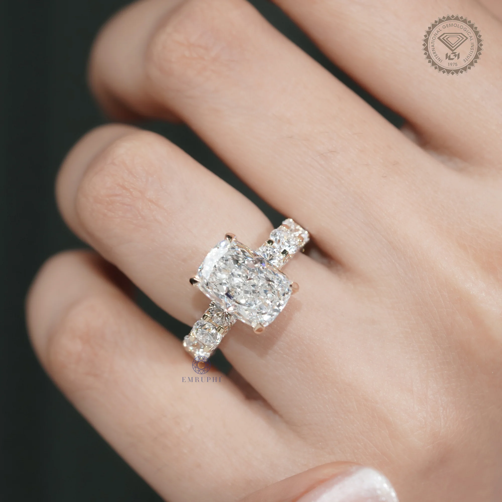 5 CT Cushion Cut Lab Grown Diamond Engagement Ring, Round Diamond Band Ring, 14K Gold Bridal Ring — view 11