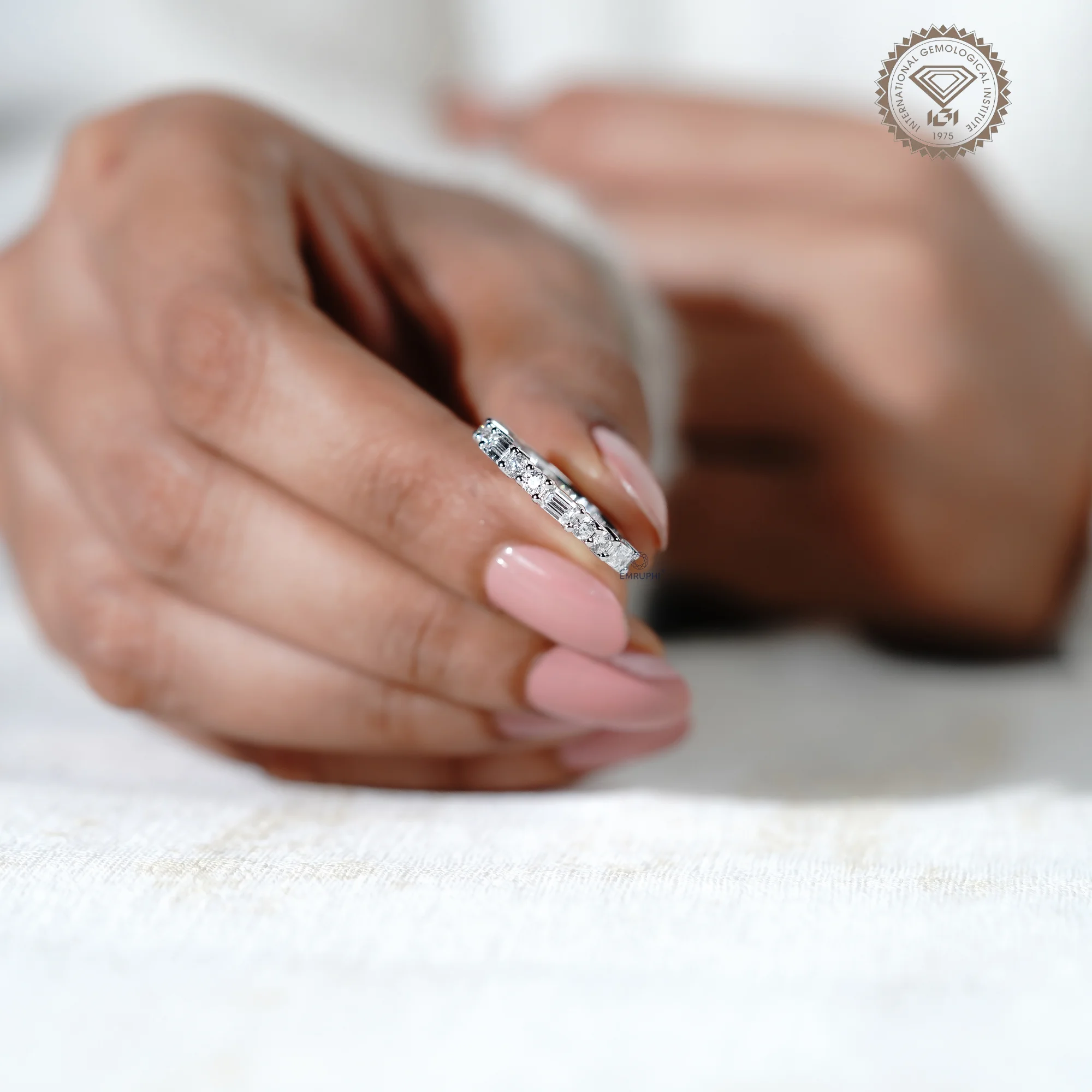 Lab Grown Diamond Half Eternity Band, Emerald Round Cut, Minimalist Wedding Ring — view 7