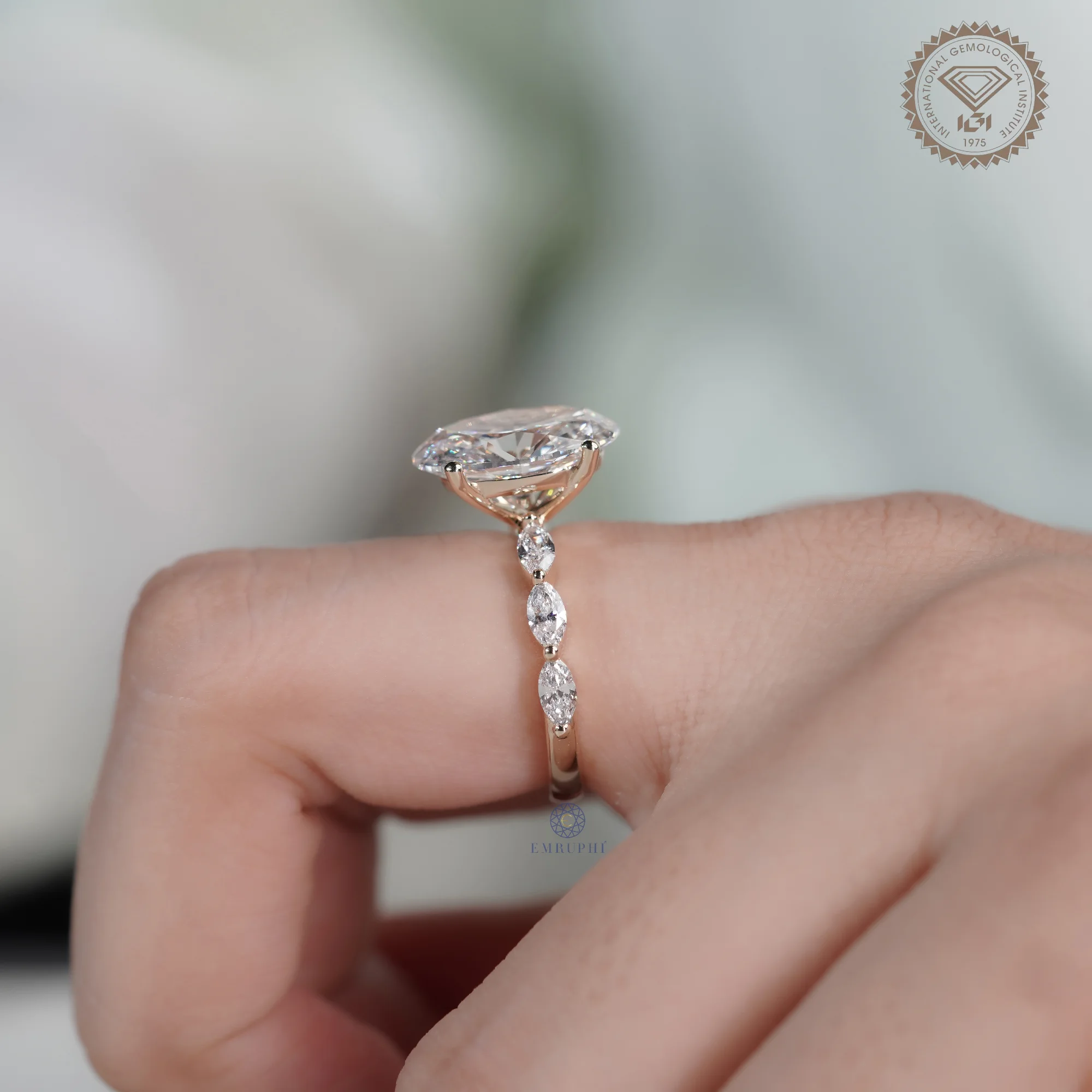 5 CT Oval Lab Grown Diamond Ring, Oval Diamond Engagement Ring, Marquise Side Stone Ring — view 9