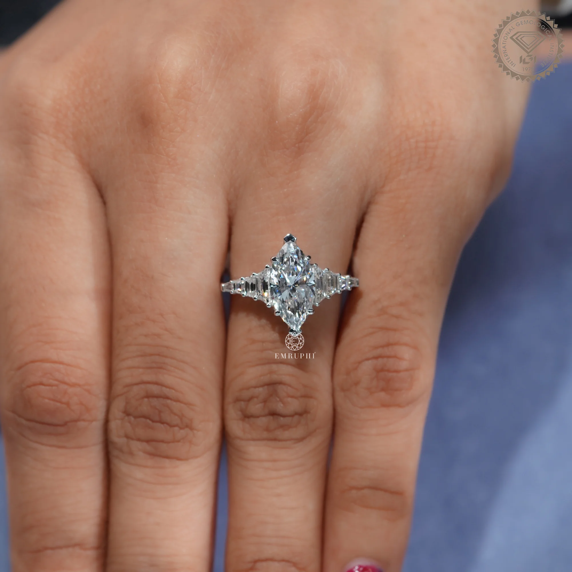 2 Carat Marquise Cut Lab Grown Diamond Engagement Ring, Art Deco Trapezoid Cut Side Stones — view 10