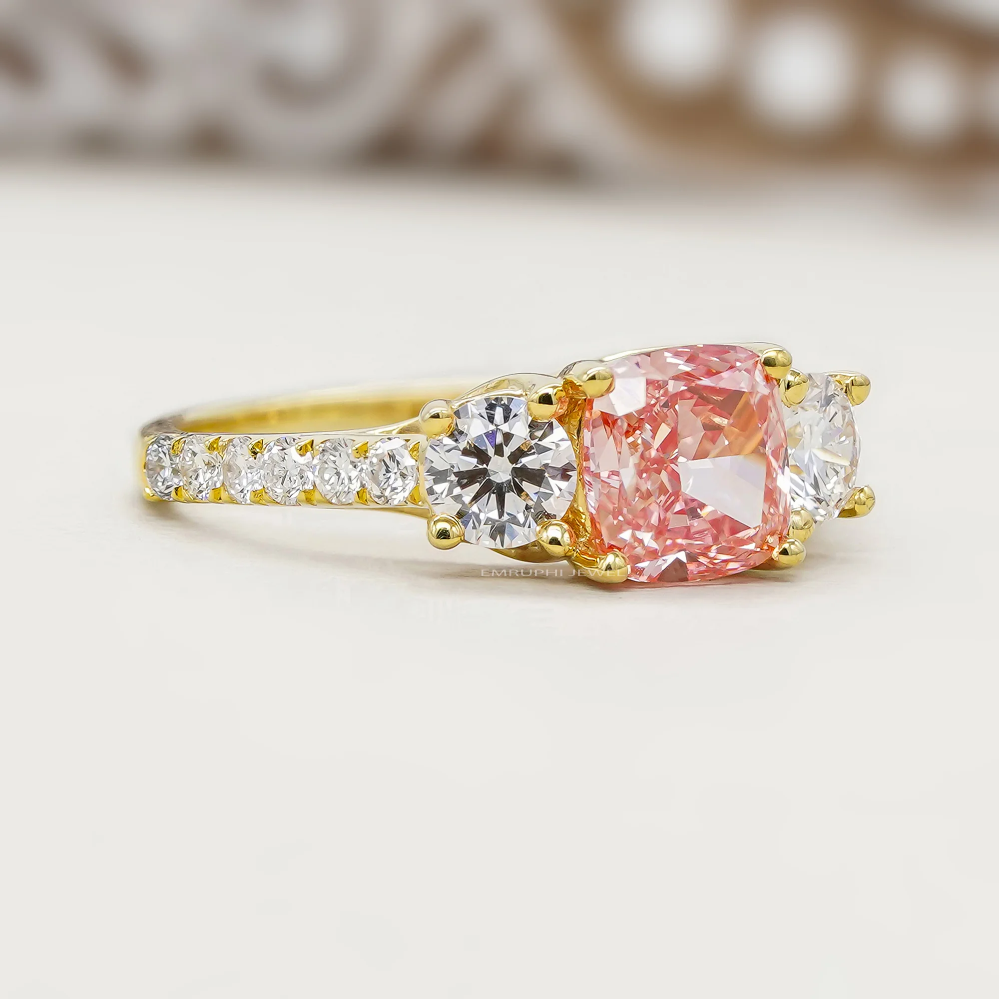 Pink Cushion Lab Grown Diamond Ring, 14K Yellow Gold Three Stone Engagement (IGI Certified) — view 3