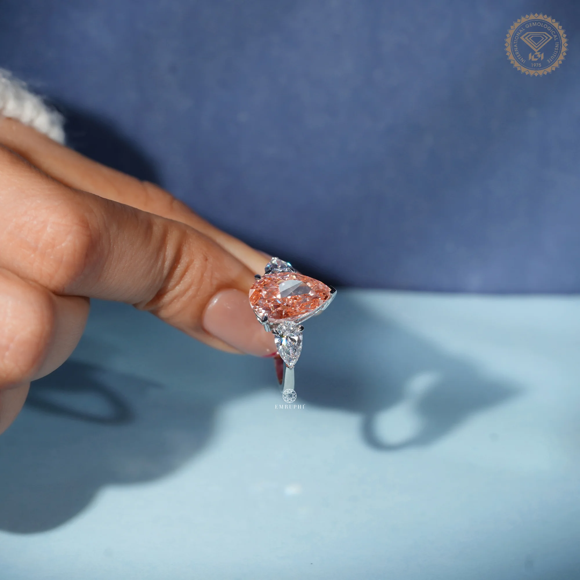 Vivid Pink Pear Cut Lab Grown Diamond Ring, 3 Stone Engagement Ring, IGI Certified Lab Diamond — view 9