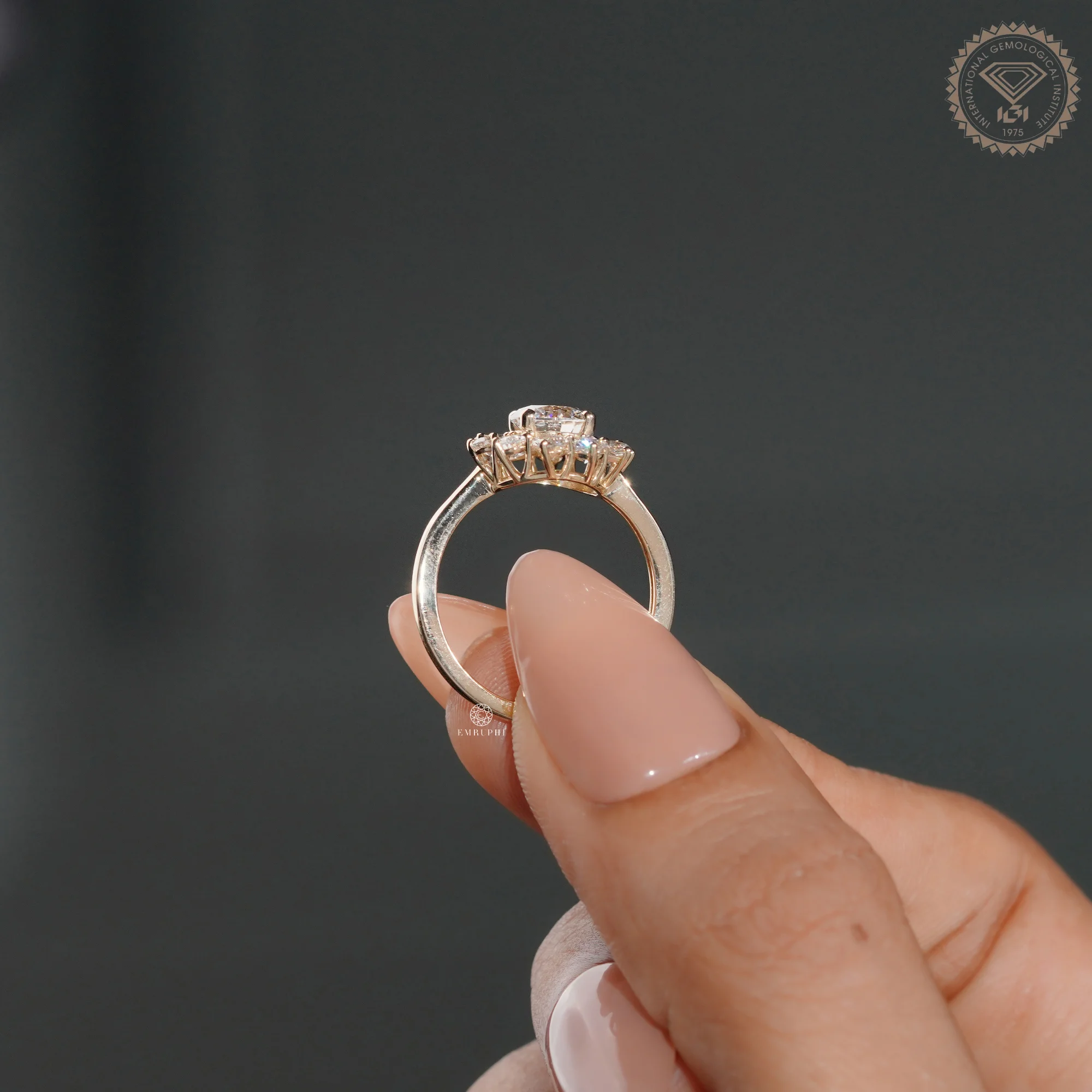 Round Cut Lab Grown Diamond Floral Halo Ring, Pear Diamond Sunburst Engagement Ring — view 6