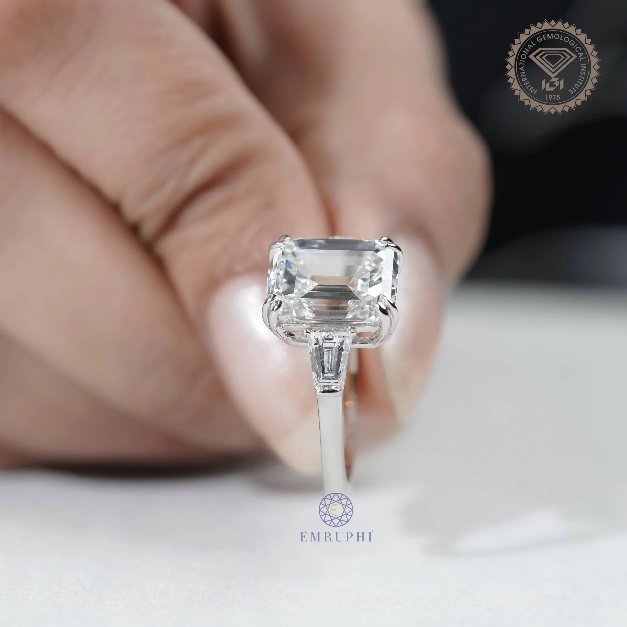 Emerald Lab Diamond Engagement ring in 14k Gold, Baguette Side Stones — view 6