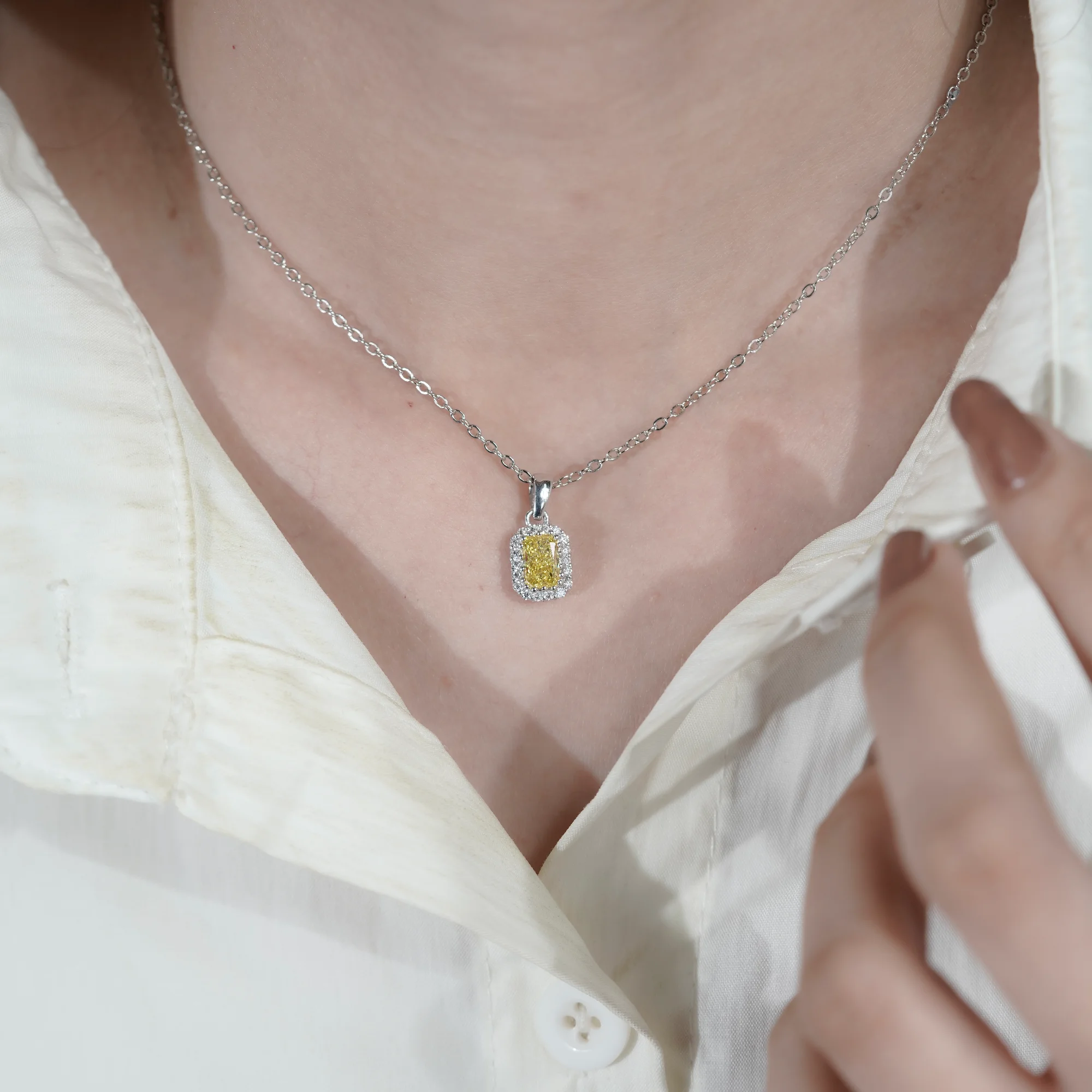 Vivid Yellow Radiant Cut Lab Diamond Pendant, 10K White Gold Double Halo Necklace — view 6