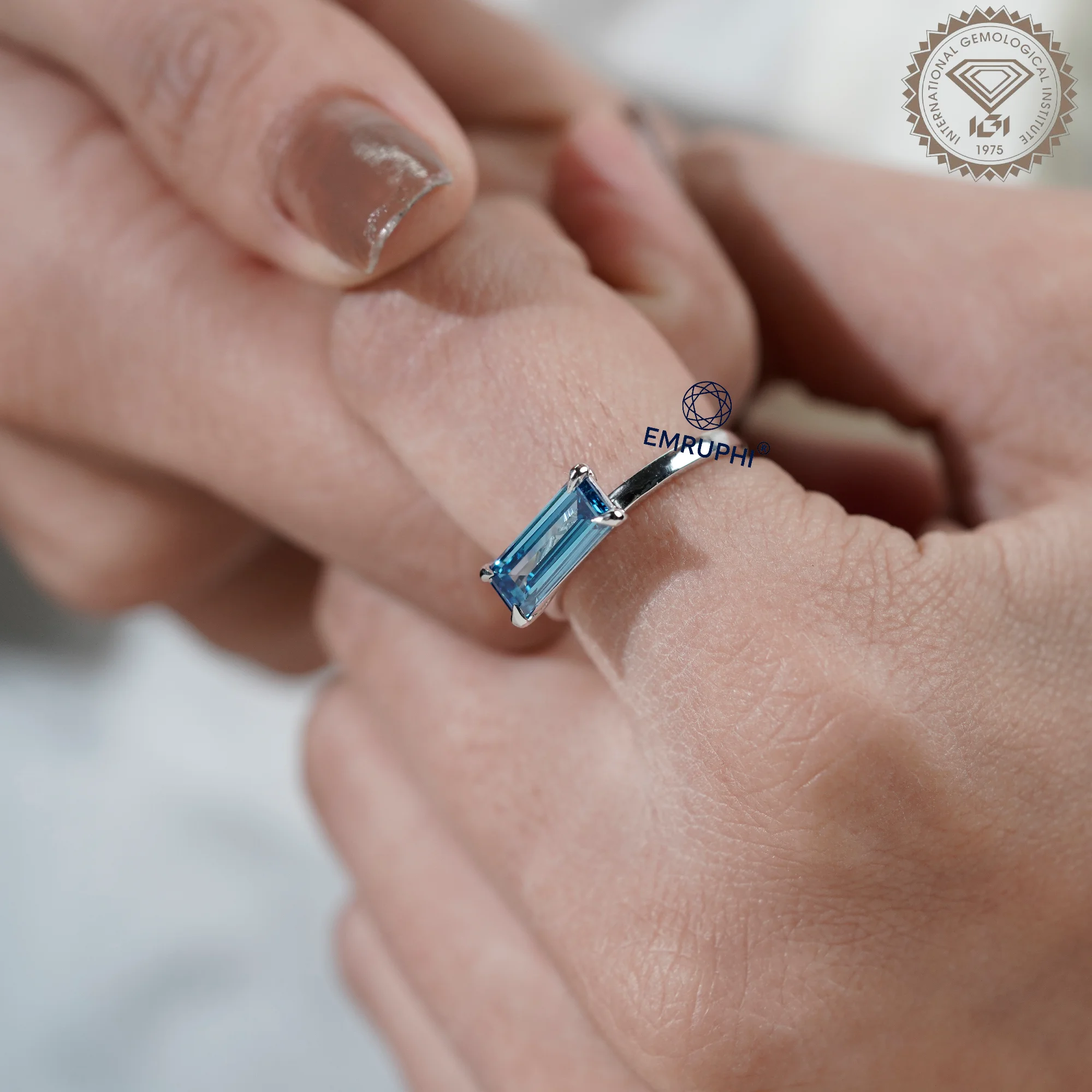 Baguette Diamond Solitaire Ring, Vivid Blue Lab Diamond Baguette — view 13