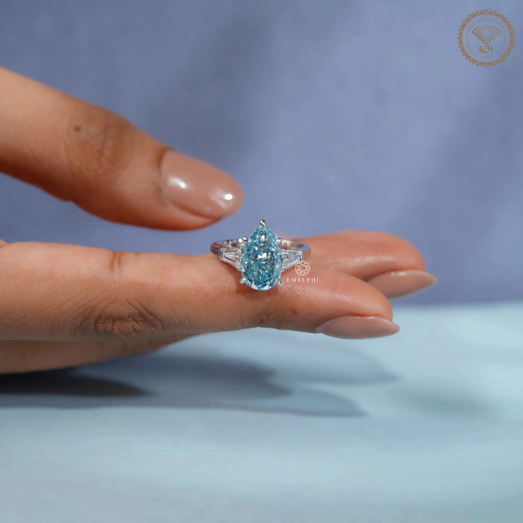 5 CT Vivid Blue Pear Lab Grown Diamond Engagement Ring, Tapered Baguette Side Stones — view 8