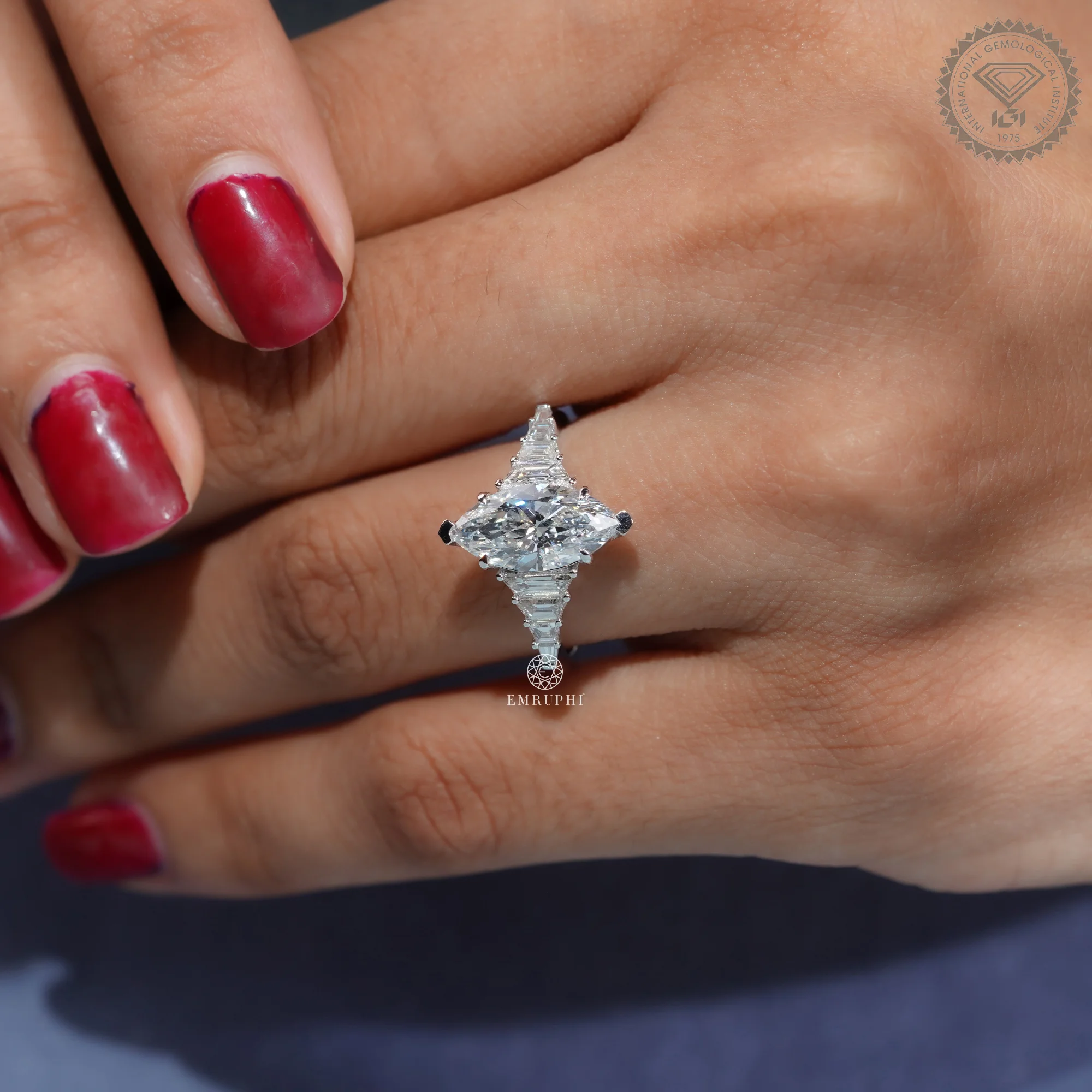 2 Carat Marquise Cut Lab Grown Diamond Engagement Ring, Art Deco Trapezoid Cut Side Stones — view 9