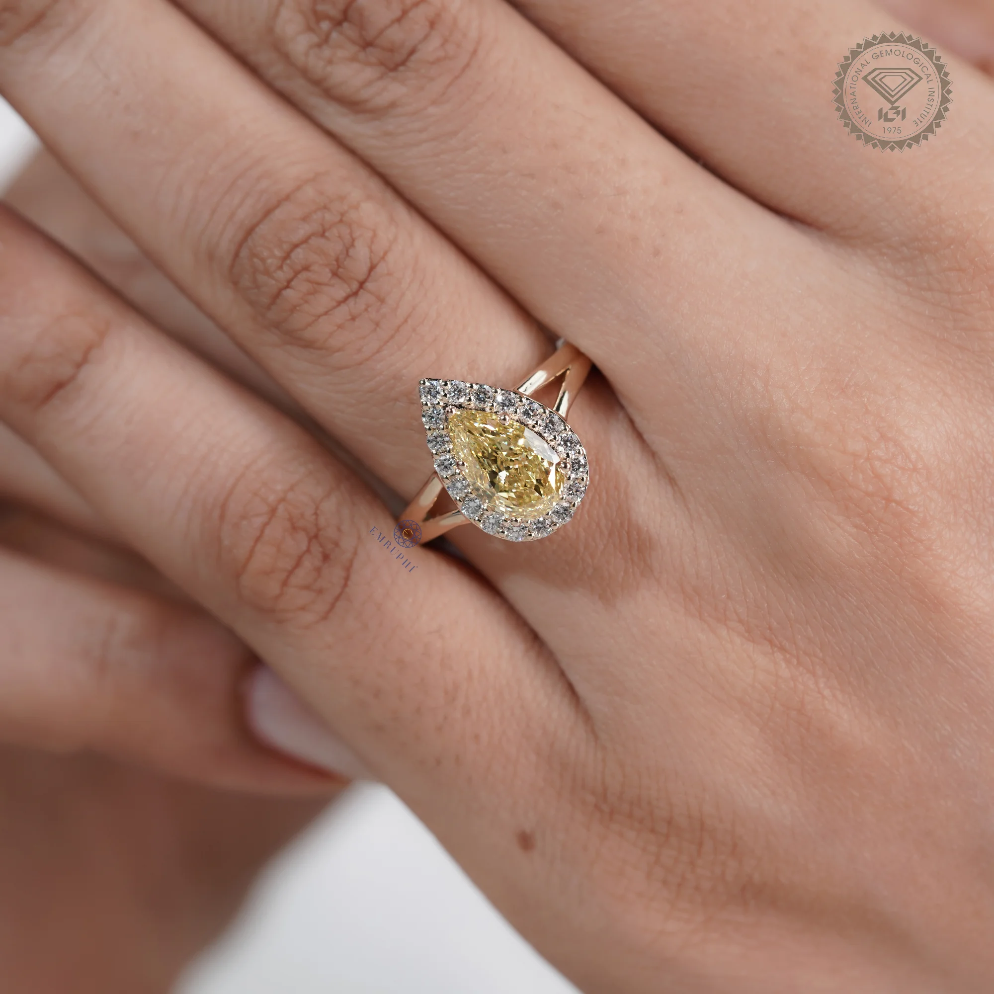 2.00 CT Pear Cut Yellow Lab Grown Diamond Halo Ring, Fancy Yellow Diamond Engagement Ring — view 10