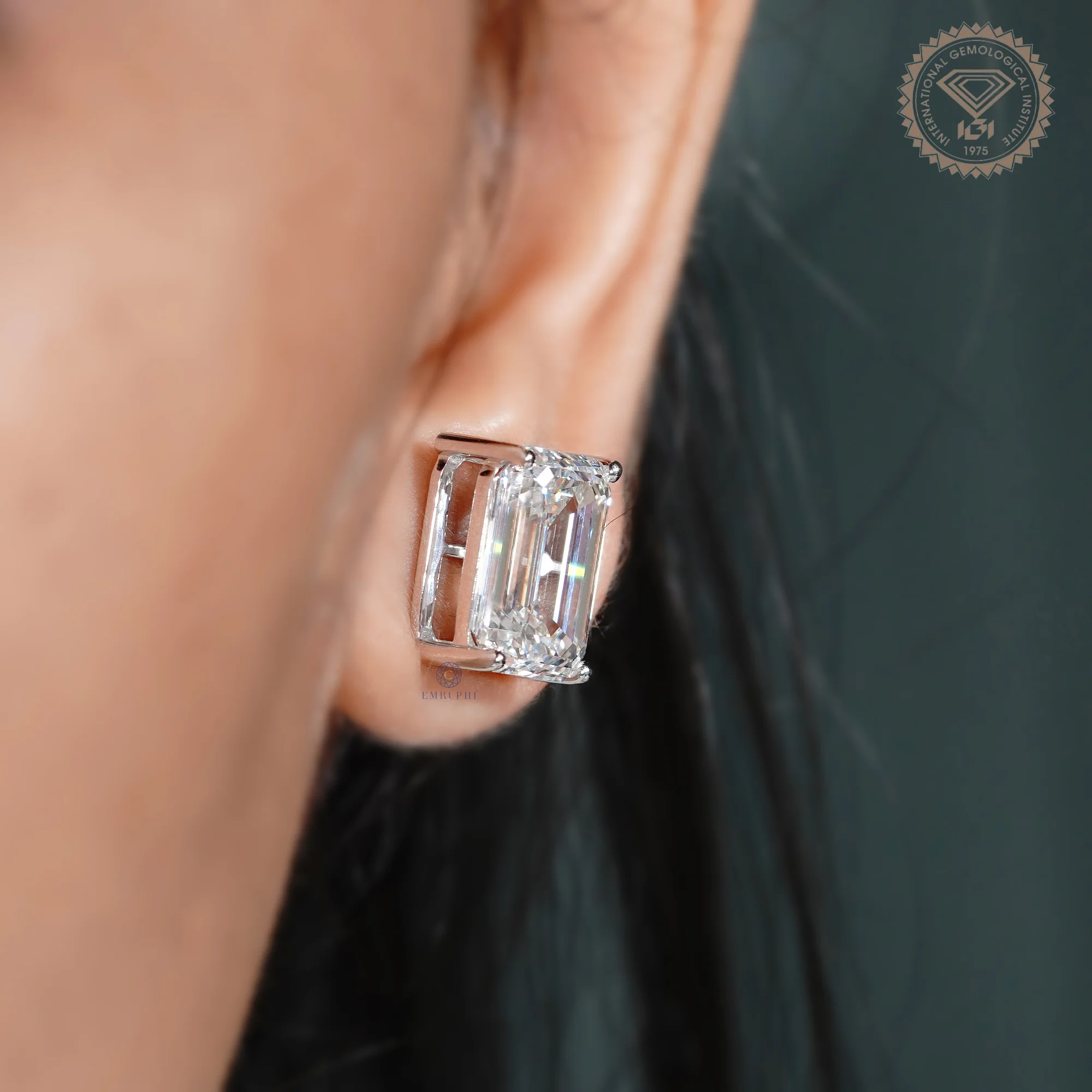 10.00 Tcw Emerald Solitaire Earrings, 14k Gold Prong Setting Emerald Cut Lab Grown Diamond Studs, — view 11