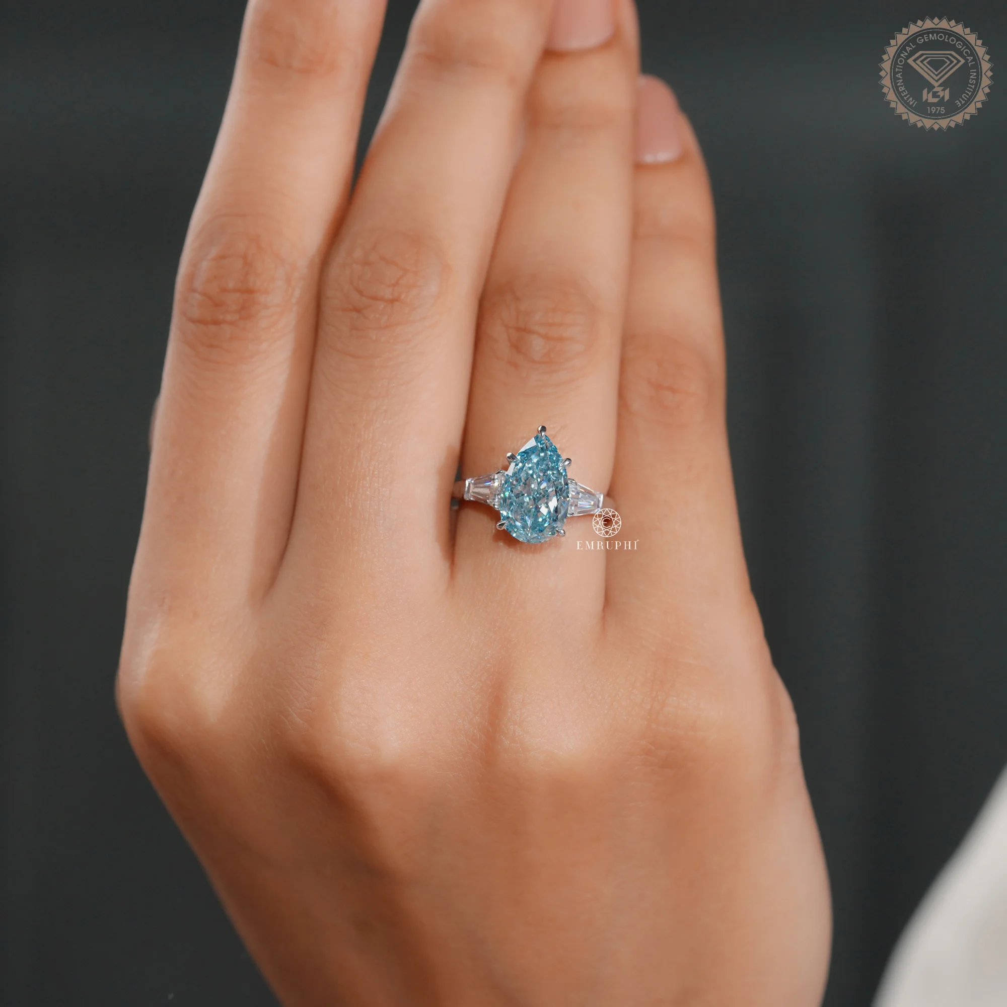 5 CT Vivid Blue Pear Lab Grown Diamond Engagement Ring, Tapered Baguette Side Stones — view 9