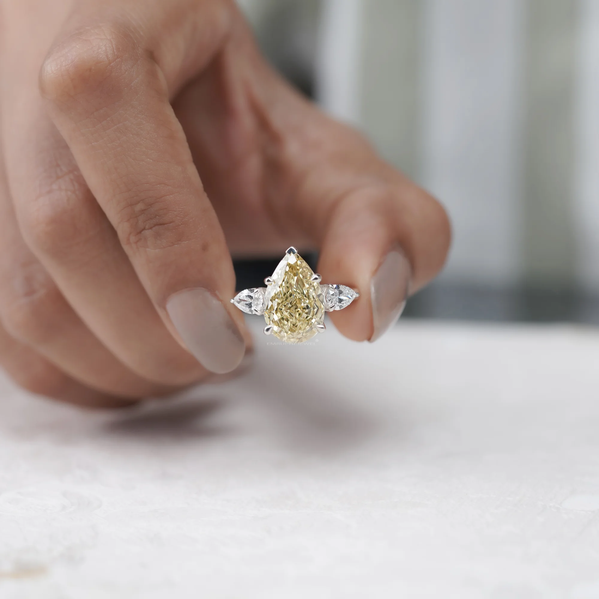 4 CT Lab Grown Yellow Pear Cut Diamond Ring With Side Stones, Three-Stone Wedding Ring — view 7