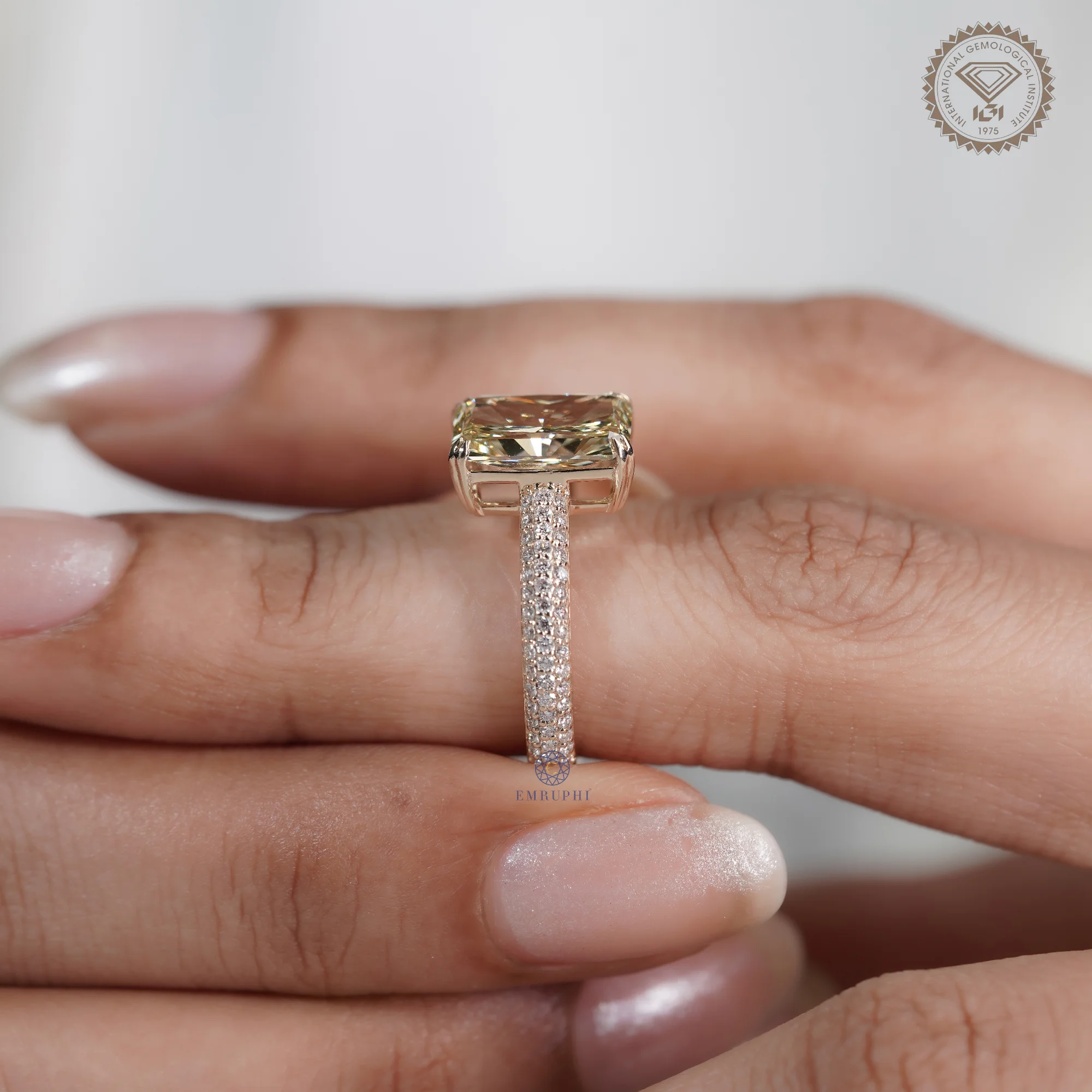 3 CT Radiant Cut Yellow Lab Grown Diamond Ring, Fancy Yellow Engagement Ring, Pave Band Diamond Ring — view 12