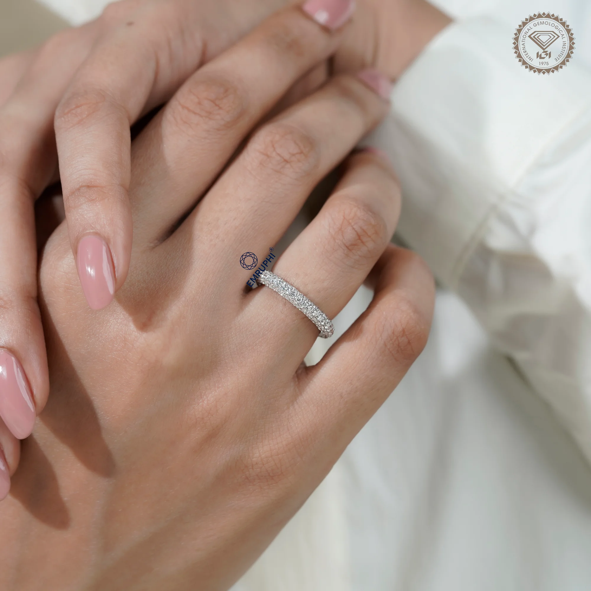 3 Row Lab Diamond Eternity Band, 3mm Wedding, Stackable Full Ring — view 10
