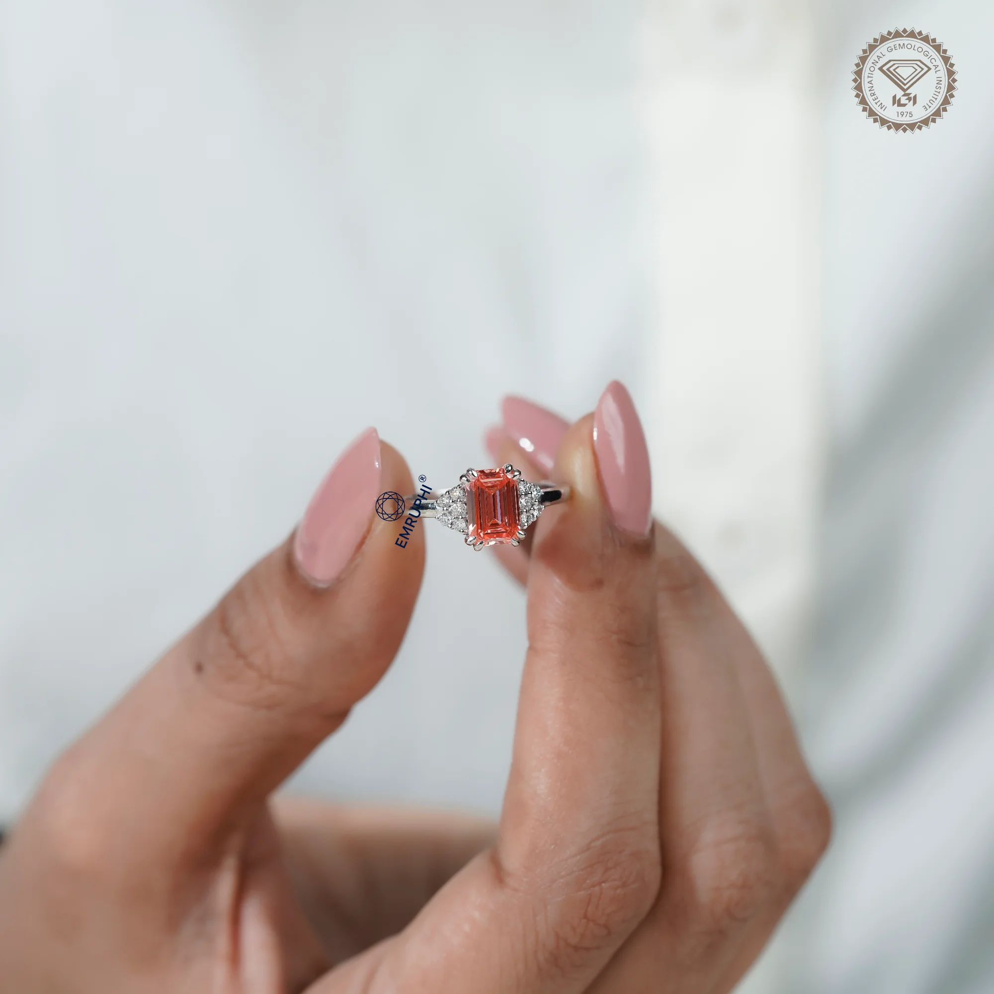 Emerald Cut Vivid Pink Lab-Grown Diamond Cluster Ring, Nature Inspired Ring, Emerald Cluster Ring, Emerald Wedding Ring in 18k Gold — view 5