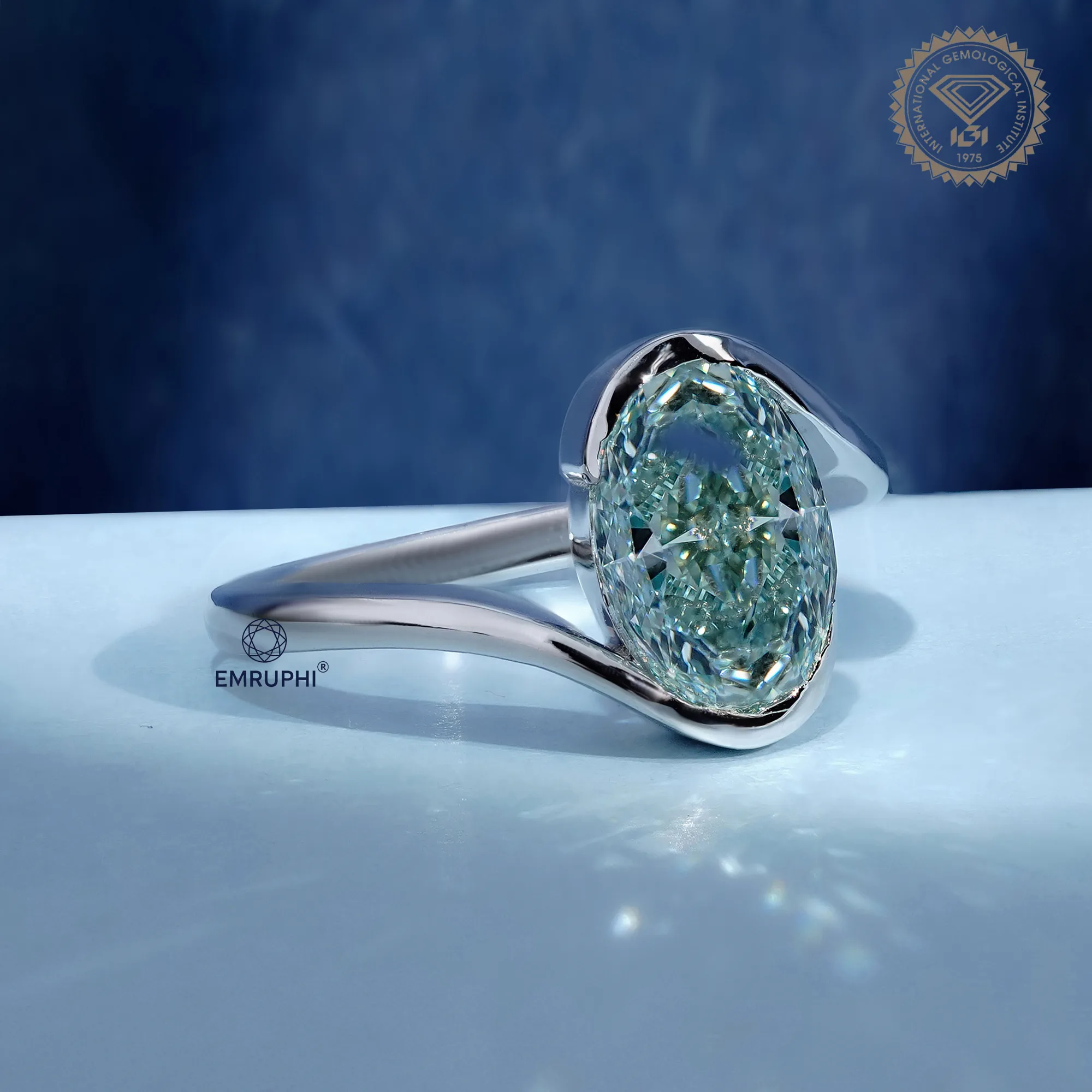Oval Cut Lab Grown Diamond Ring, 14k White Gold, Antique Greenish Colording Ring — view 3