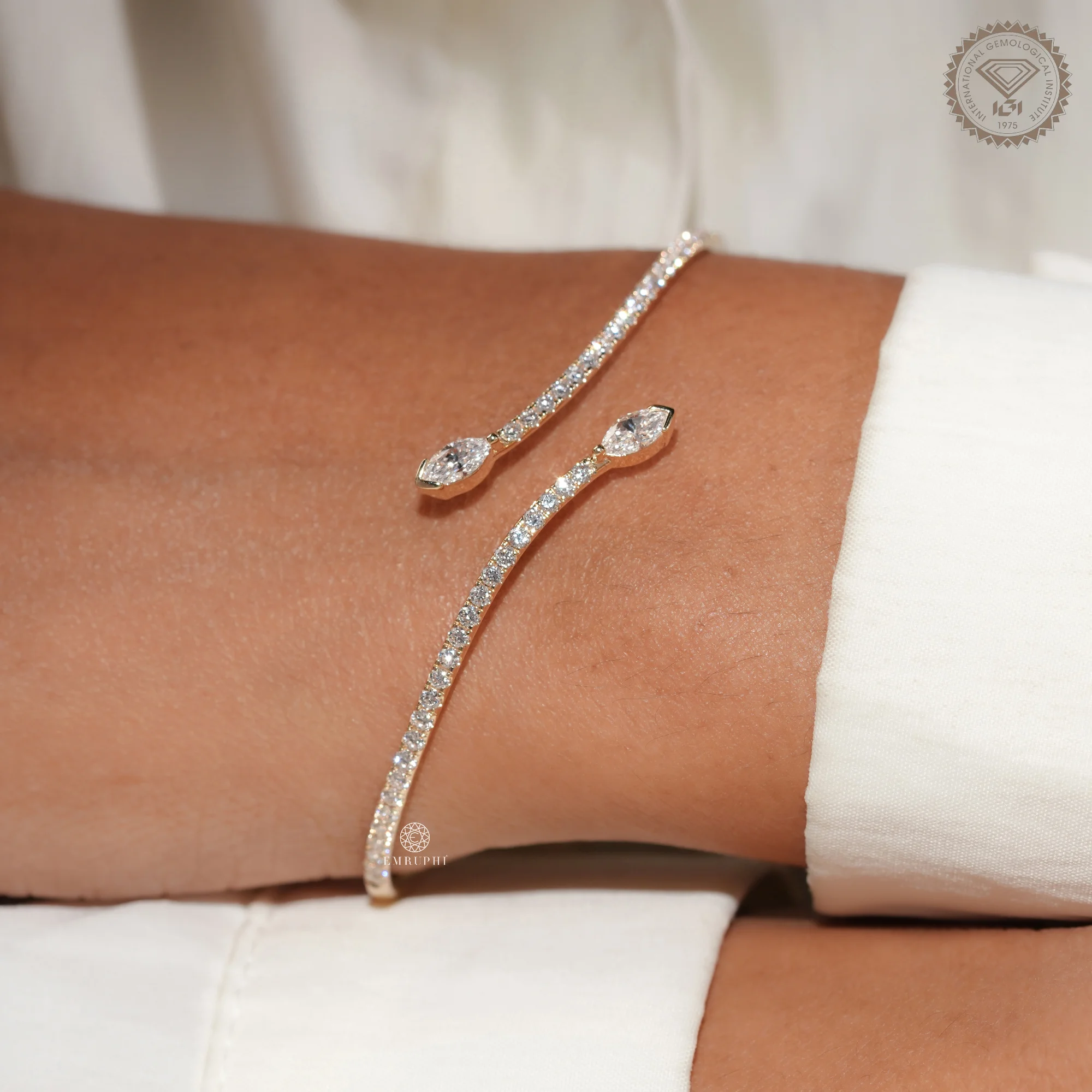 Open Cuff Diamond Bangle Bracelet, Marquise Pave Bracelet, 14K Cross Over Bangle — view 12
