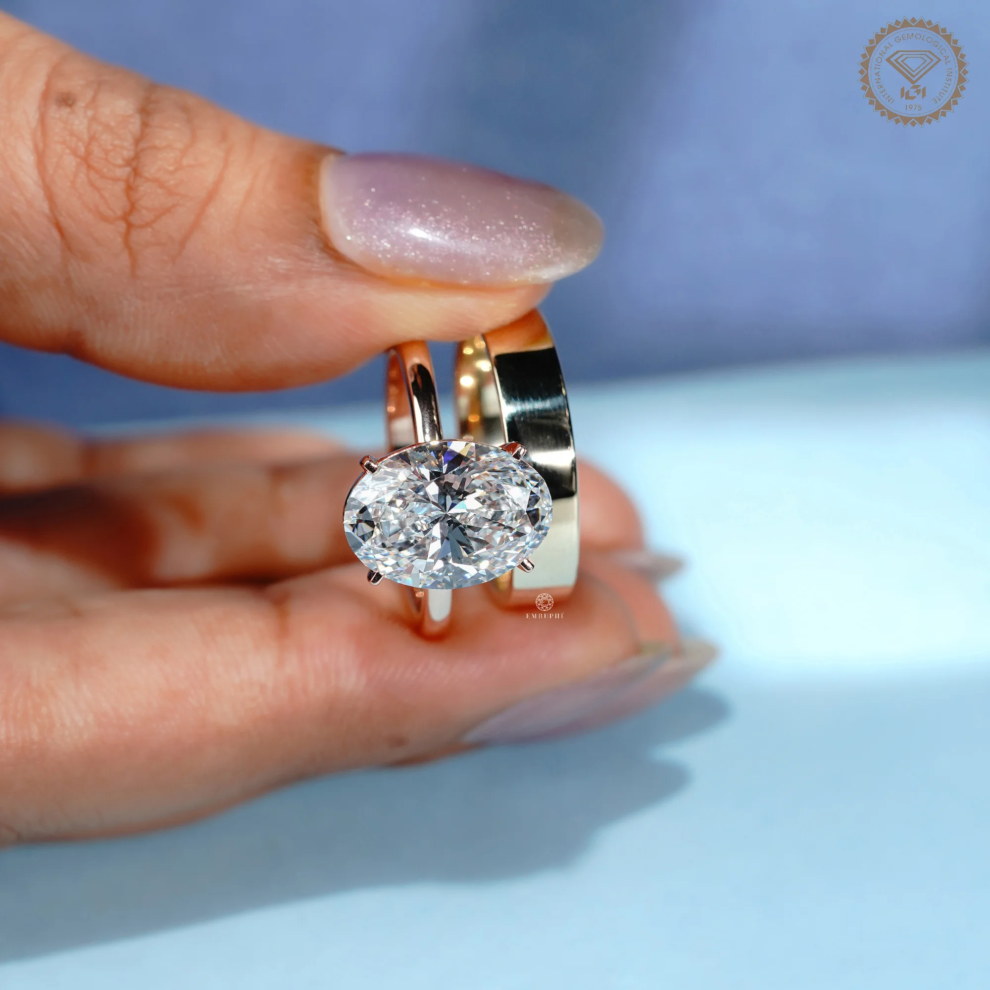 5 CT Oval Lab Grown Diamond Engagement Ring & 5mm Plain Gold Band Ring Set — view 6
