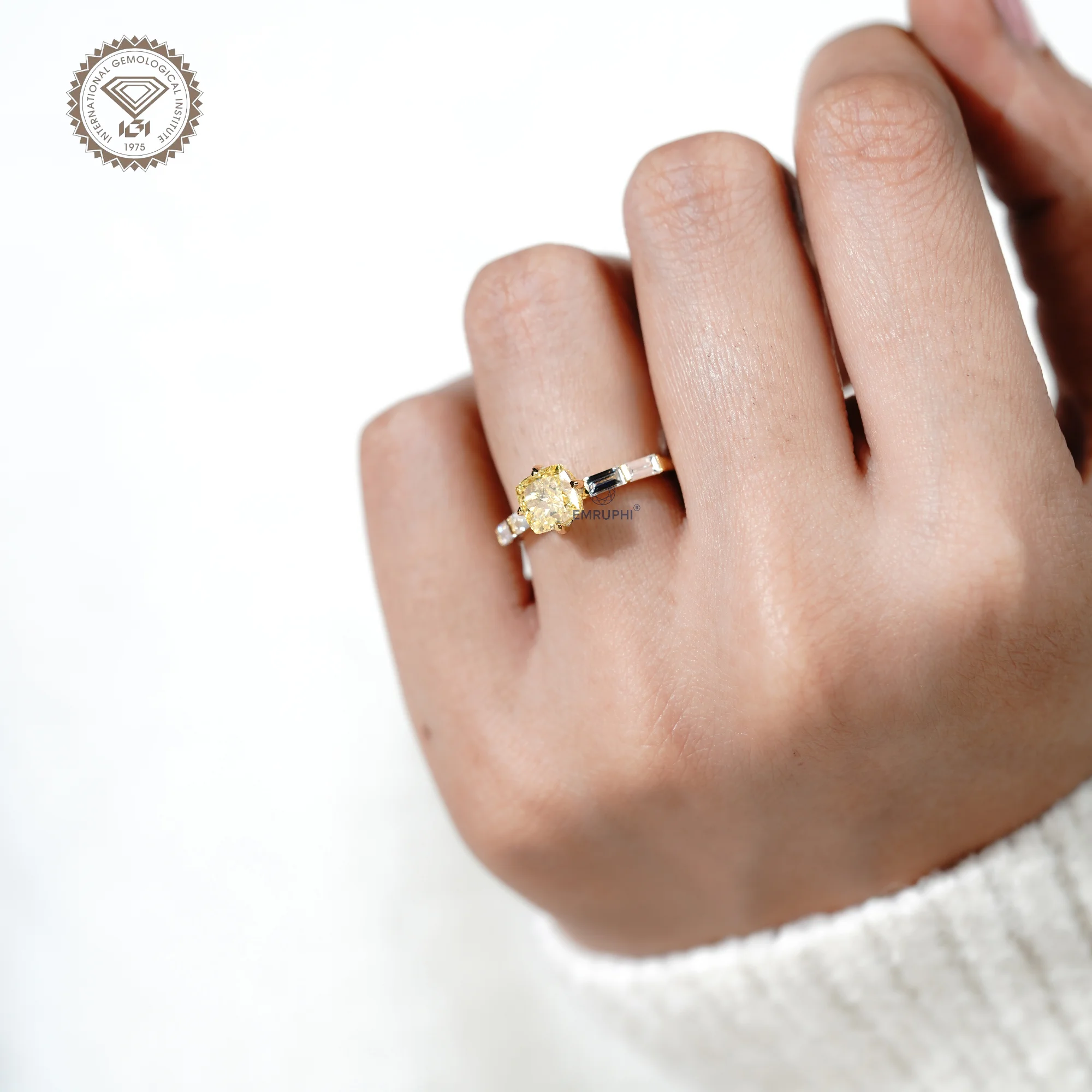 1.5 CT Vivid Yellow Cushion Cut Lab Diamond Ring, 18k Gold Baguette Side Stones — view 10
