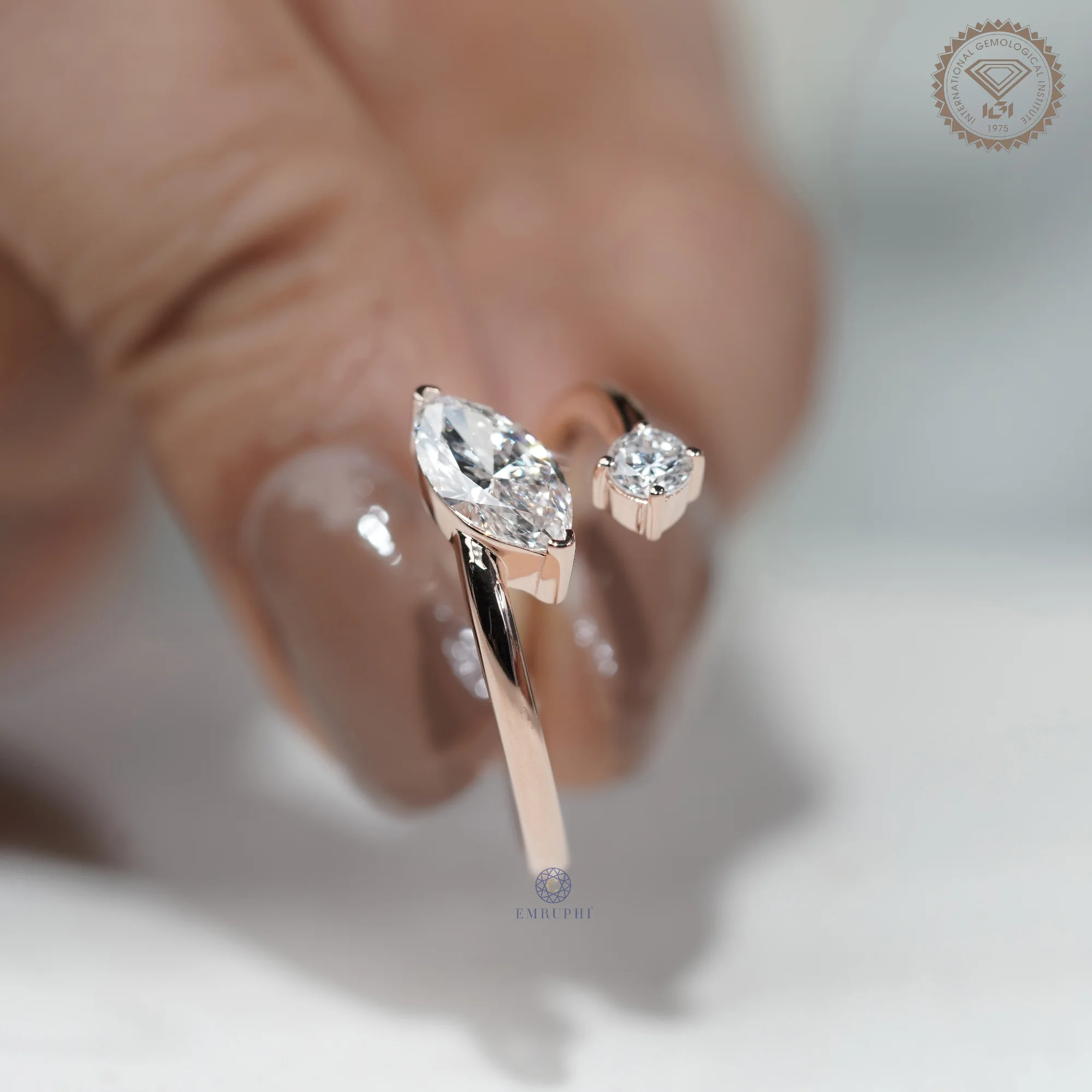 Marquise & Round Lab Grown Diamond Toi et Moi Ring, Open Wrap Engagement Ring, 14K Rose Gold Minimalist Bridal Ring — view 6