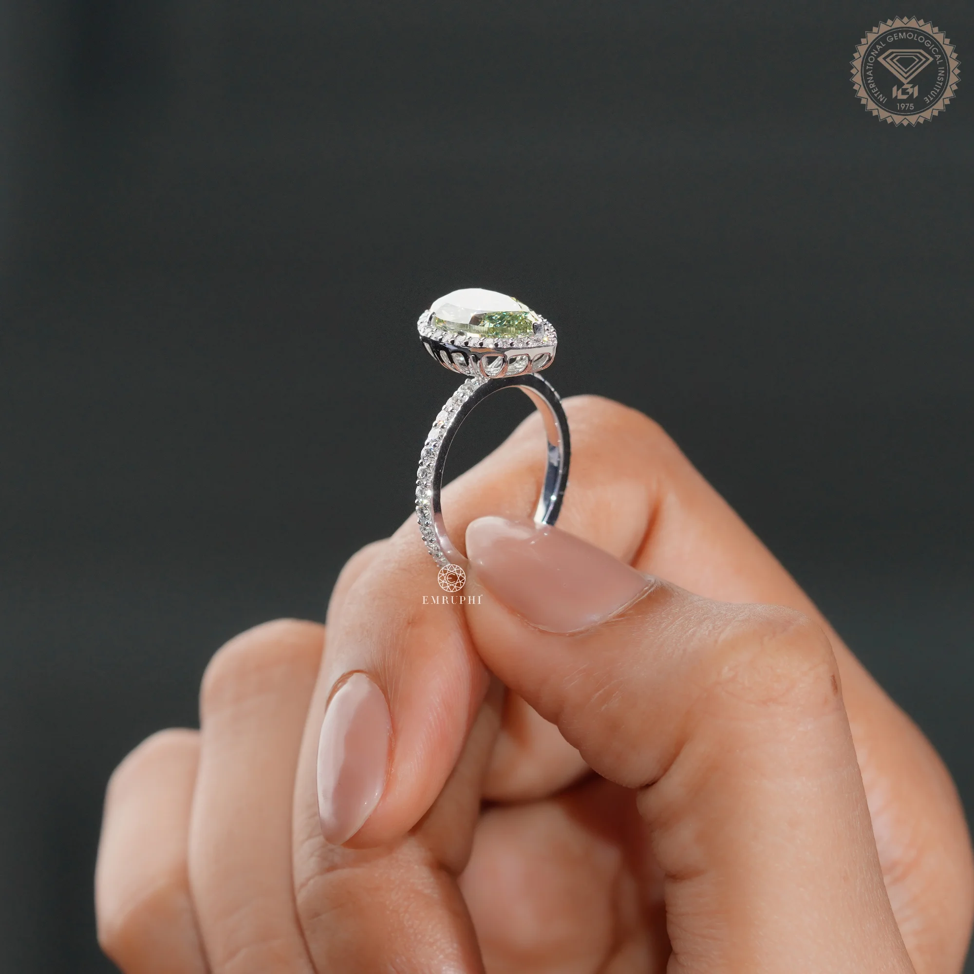 3.5 CT Pear Vivid Green Lab Grown Diamond Halo Ring, IGI Certified, Green Diamond Engagement Ring — view 10