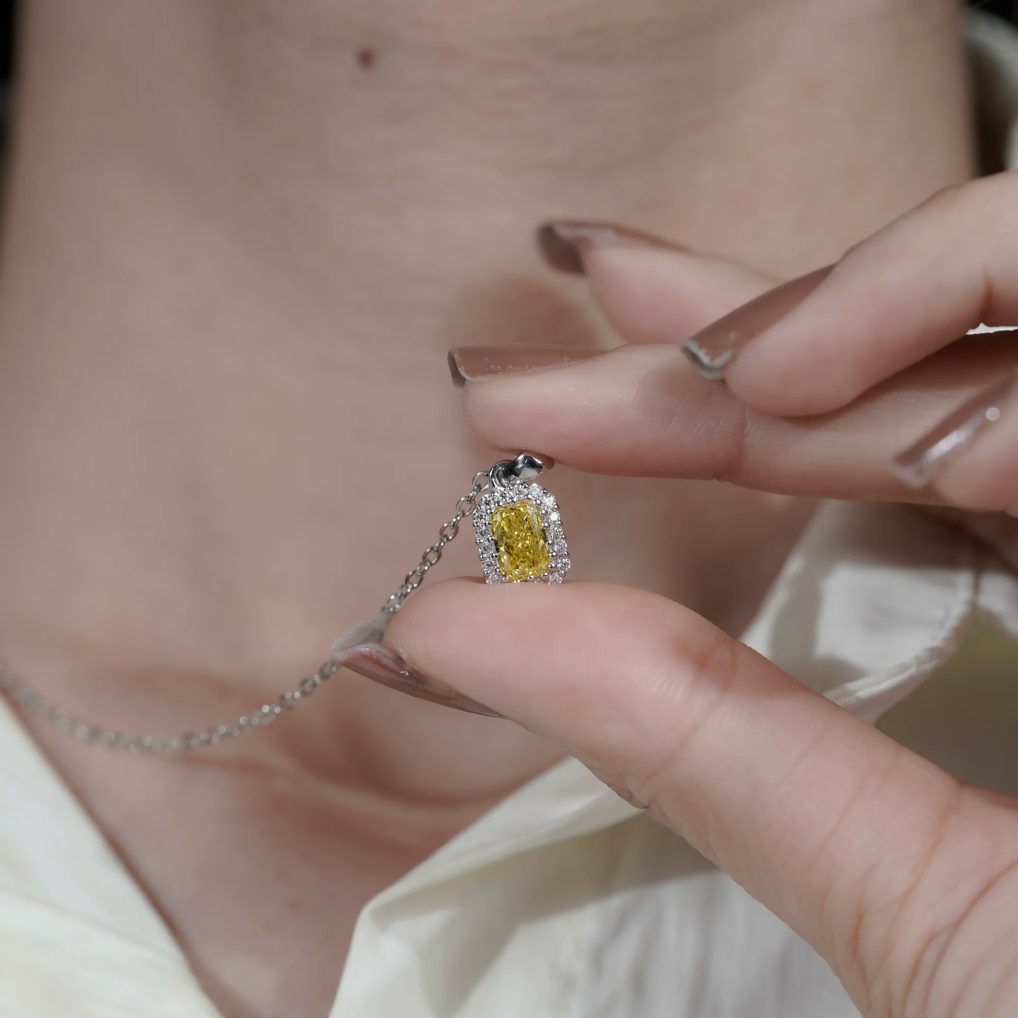 Vivid Yellow Radiant Cut Lab Diamond Pendant, 10K White Gold Double Halo Necklace — view 8