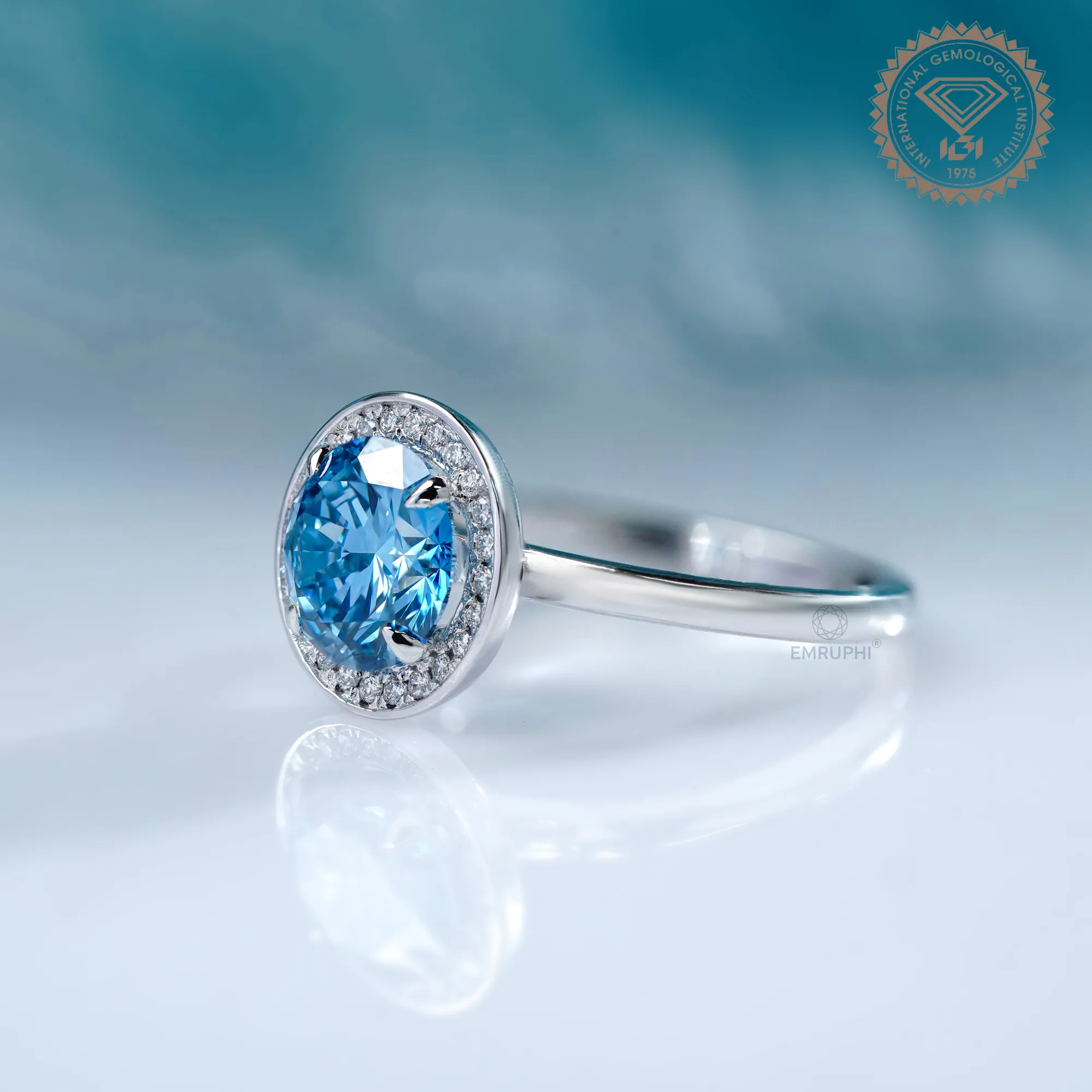 2.00 CT Vivid Blue Round Cut Wedding Ring, Bezel Diamond Engagement Ring, Color Lab Grown Diamond Ring — view 2