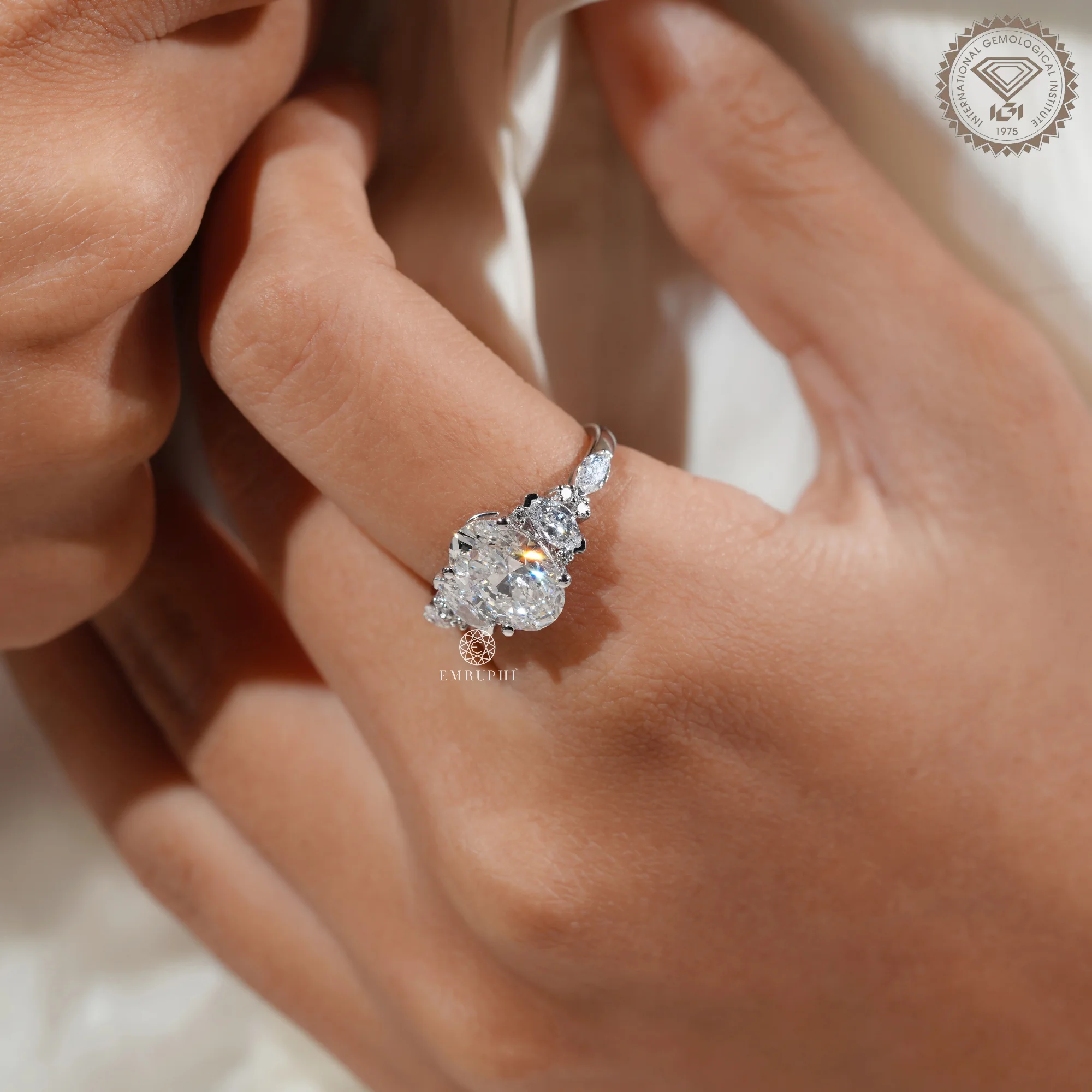 Oval Cut Lab Grown Diamond Engagement Ring, IGI Certified, Marquise Side Stones — view 8