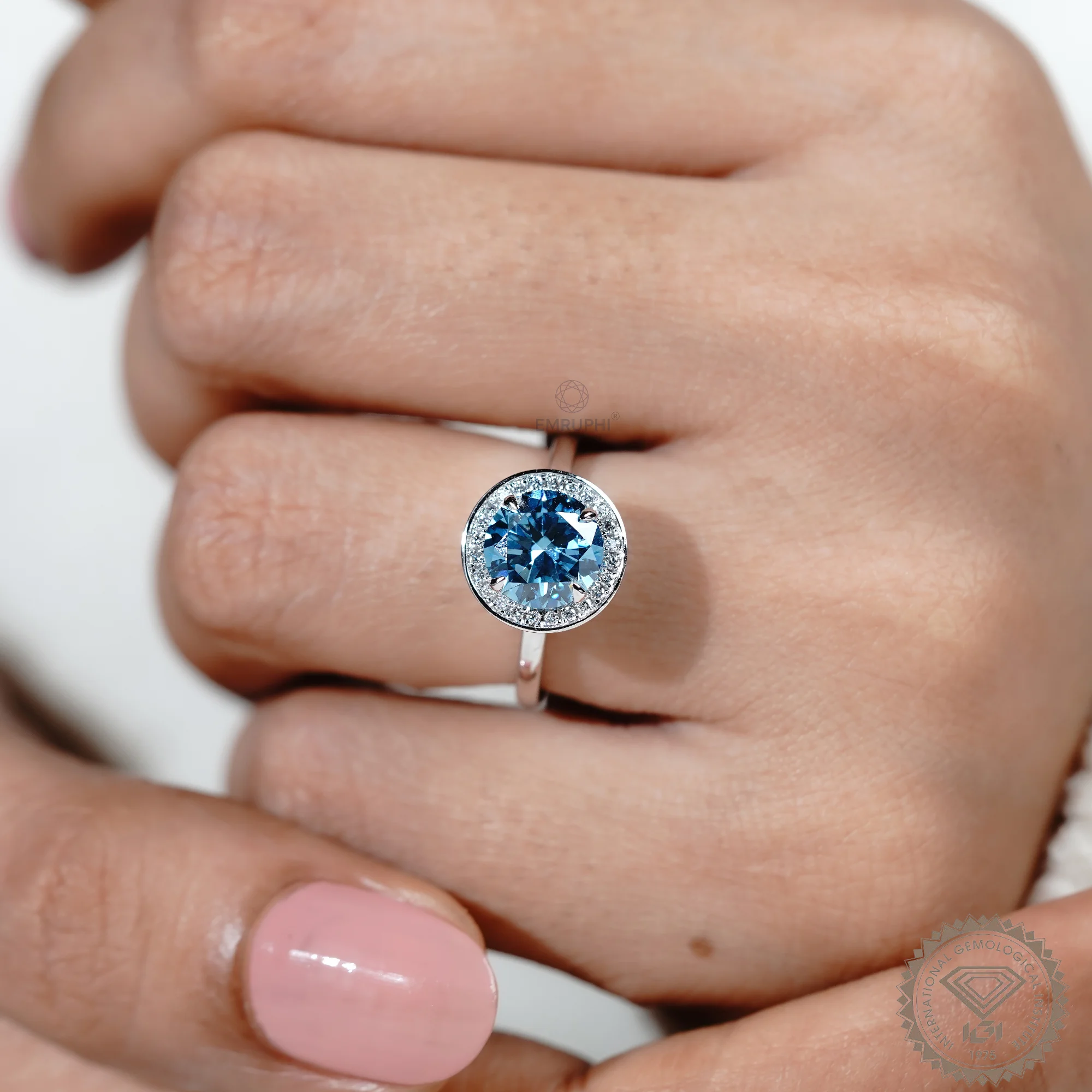 2.00 CT Vivid Blue Round Cut Wedding Ring, Bezel Diamond Engagement Ring, Color Lab Grown Diamond Ring — view 7
