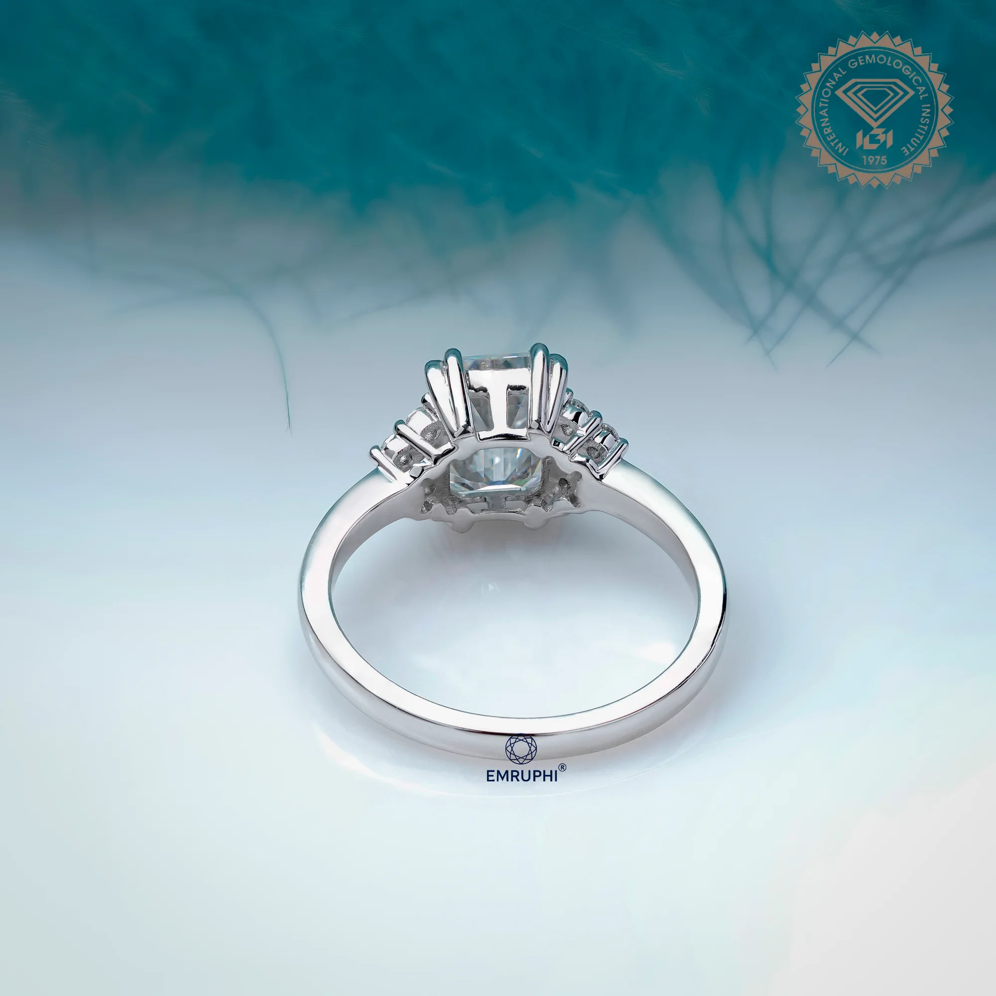 Emerald Cut Labgrown Diamond Engagement Ring, 14k White Gold Snowdrift Cluster Proposal Ring — view 4