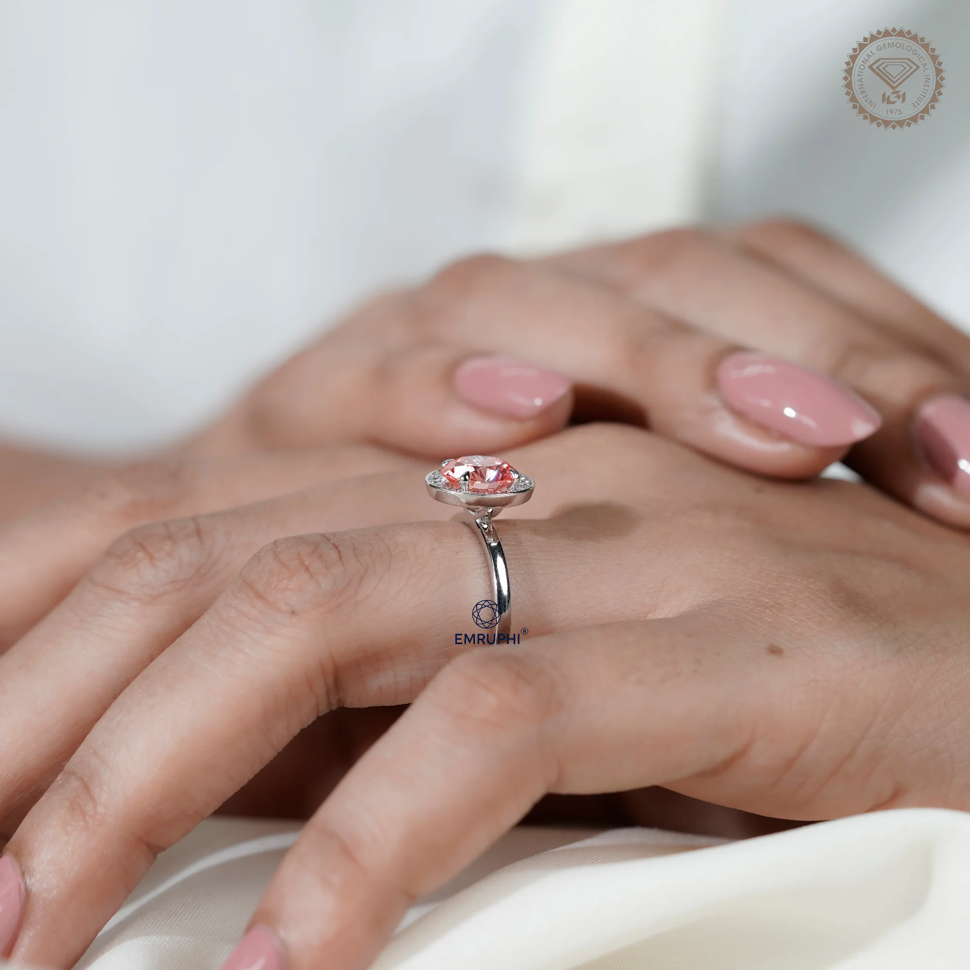 2 CT Round Halo Engagement Ring, Vivid Pink Center Stone, Diamond Halo Ring, Romantic Proposal Ring — view 10