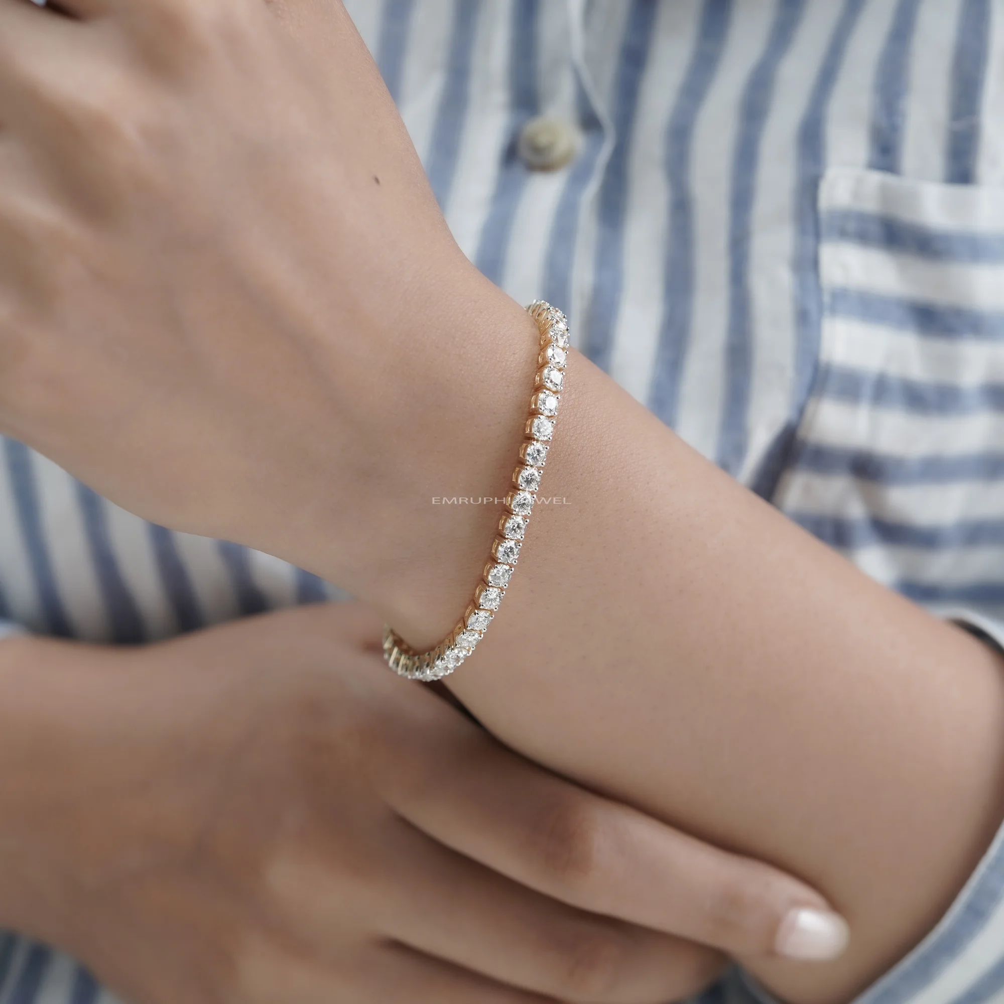 Round Cut Lab Grown Diamond Tennis Bracelet, Classic Yellow Gold Diamond Bracelet — view 6