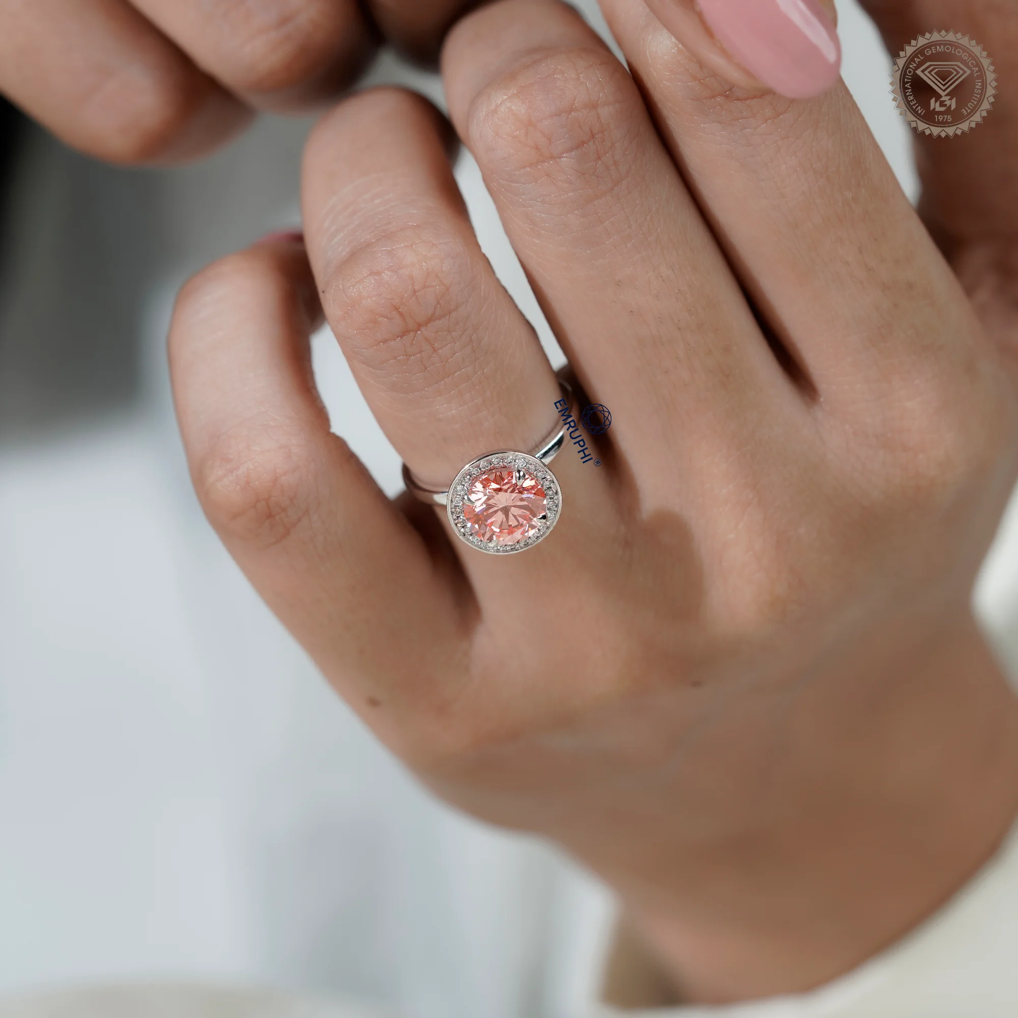 2 CT Round Halo Engagement Ring, Vivid Pink Center Stone, Diamond Halo Ring, Romantic Proposal Ring — view 12