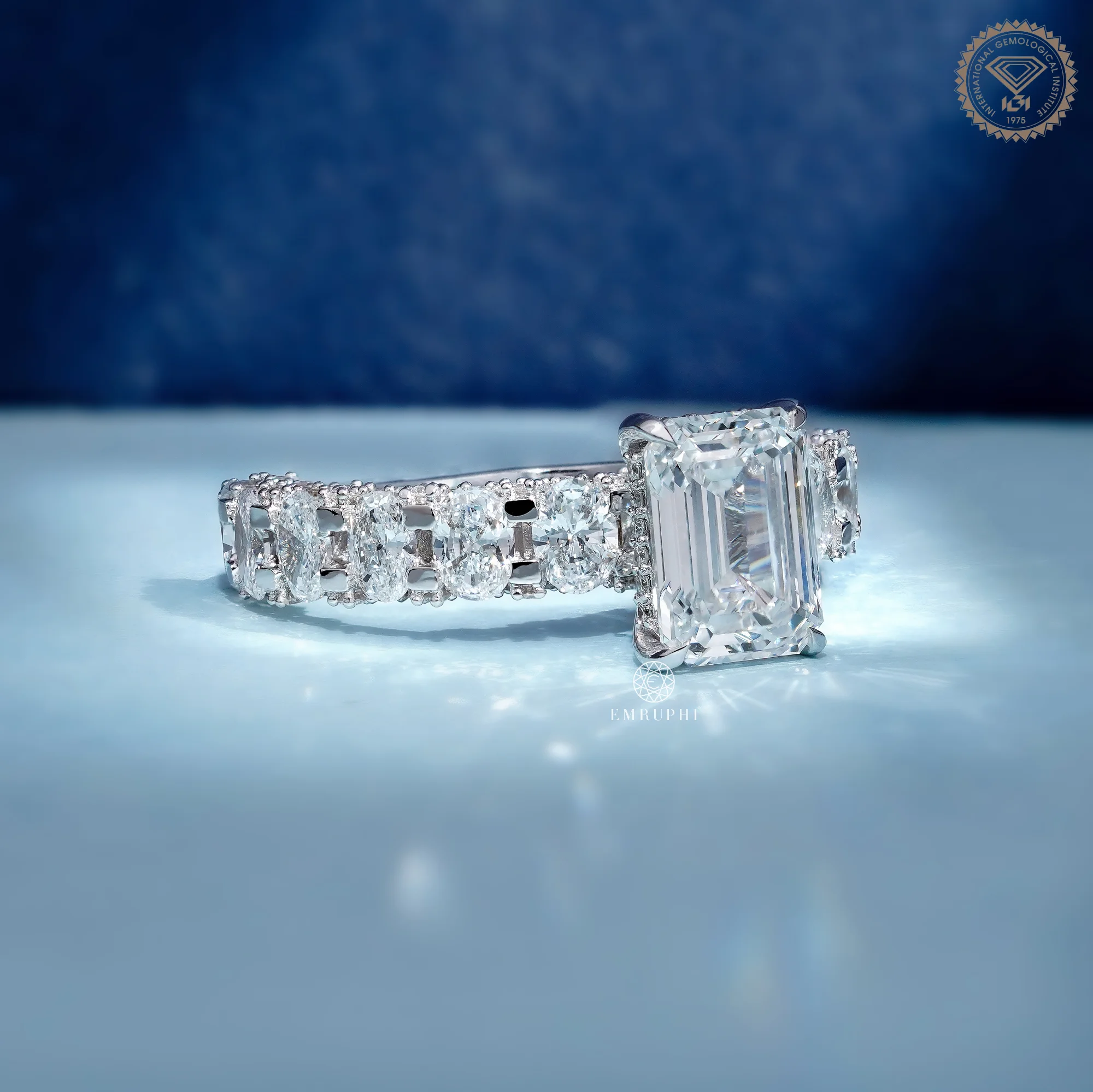 Emerald Cut Lab Grown Diamond Engagement Ring, Diamond Eternity Band — view 3